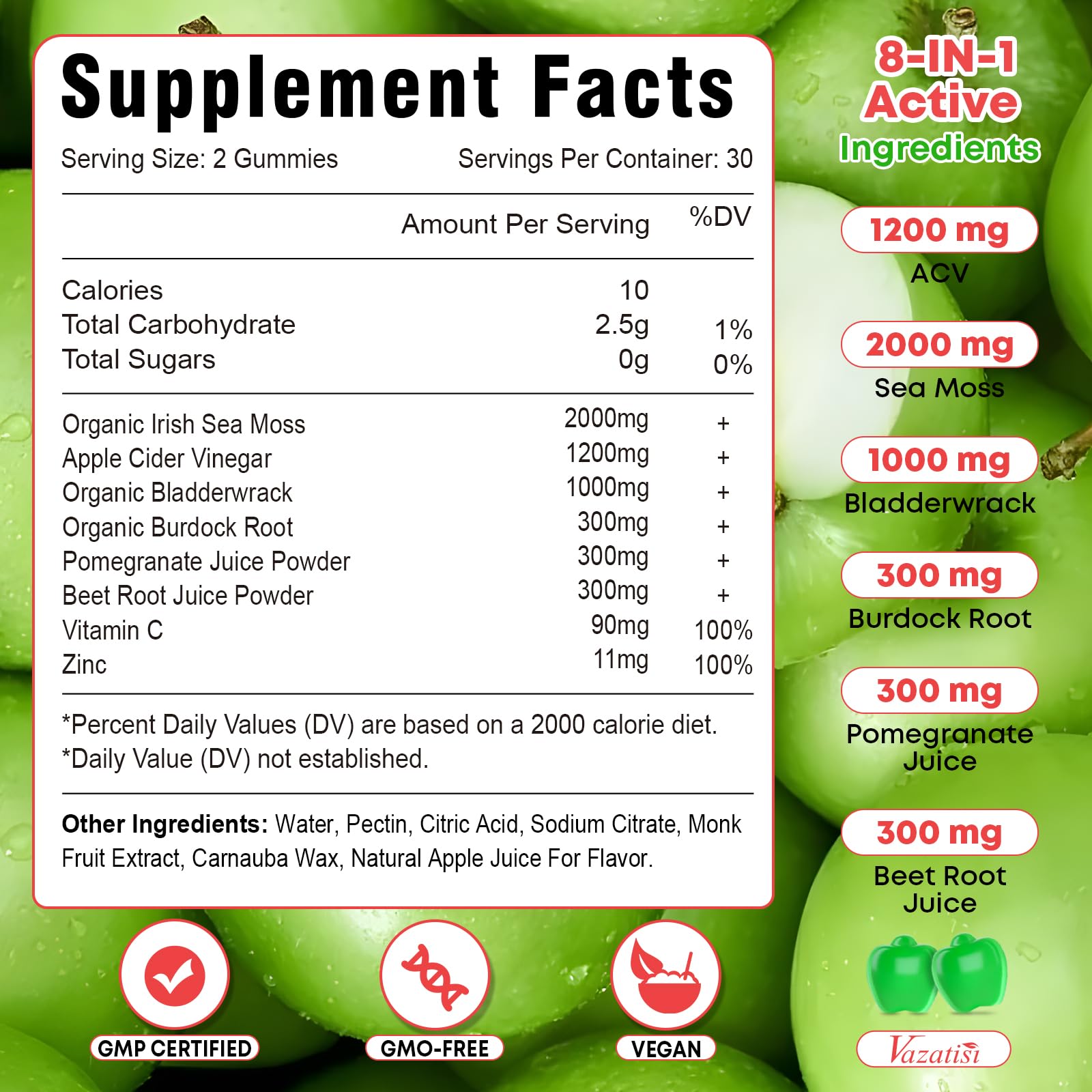 Vazatisi 2 Pack Apple Cider Vinegar Gummies, ACV with Sea Moss Gummies for Metabolism, Digestion, Detox, Gut & Immune Health, Apple Flavored -120 Count Vazatisi Au supplements