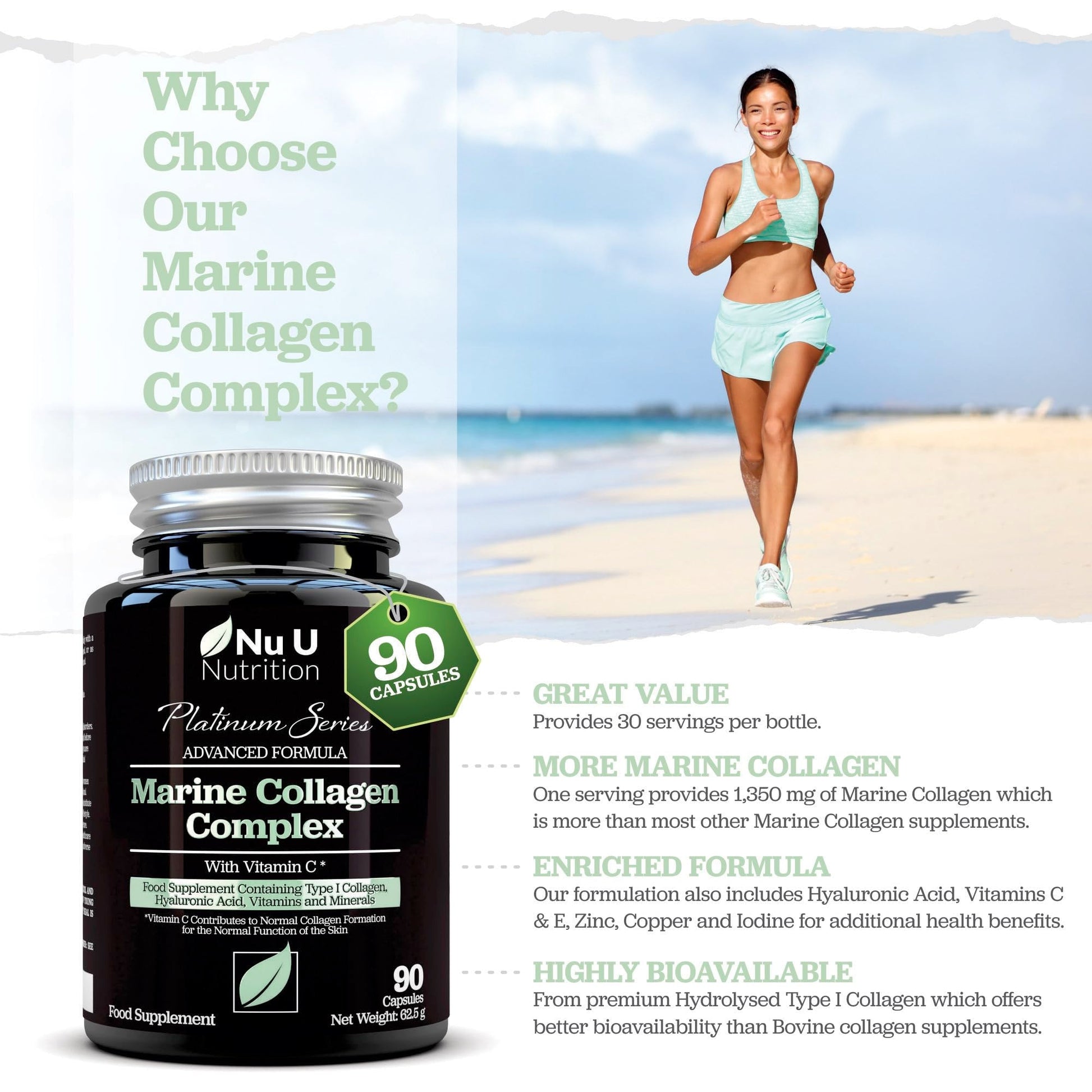 Marine Collagen with Hyaluronic Acid, Vitamin C - 90 Hydrolysed Capsules (not Tablets) - Premium High Strength Collagen Nu U Nutrition Au supplements