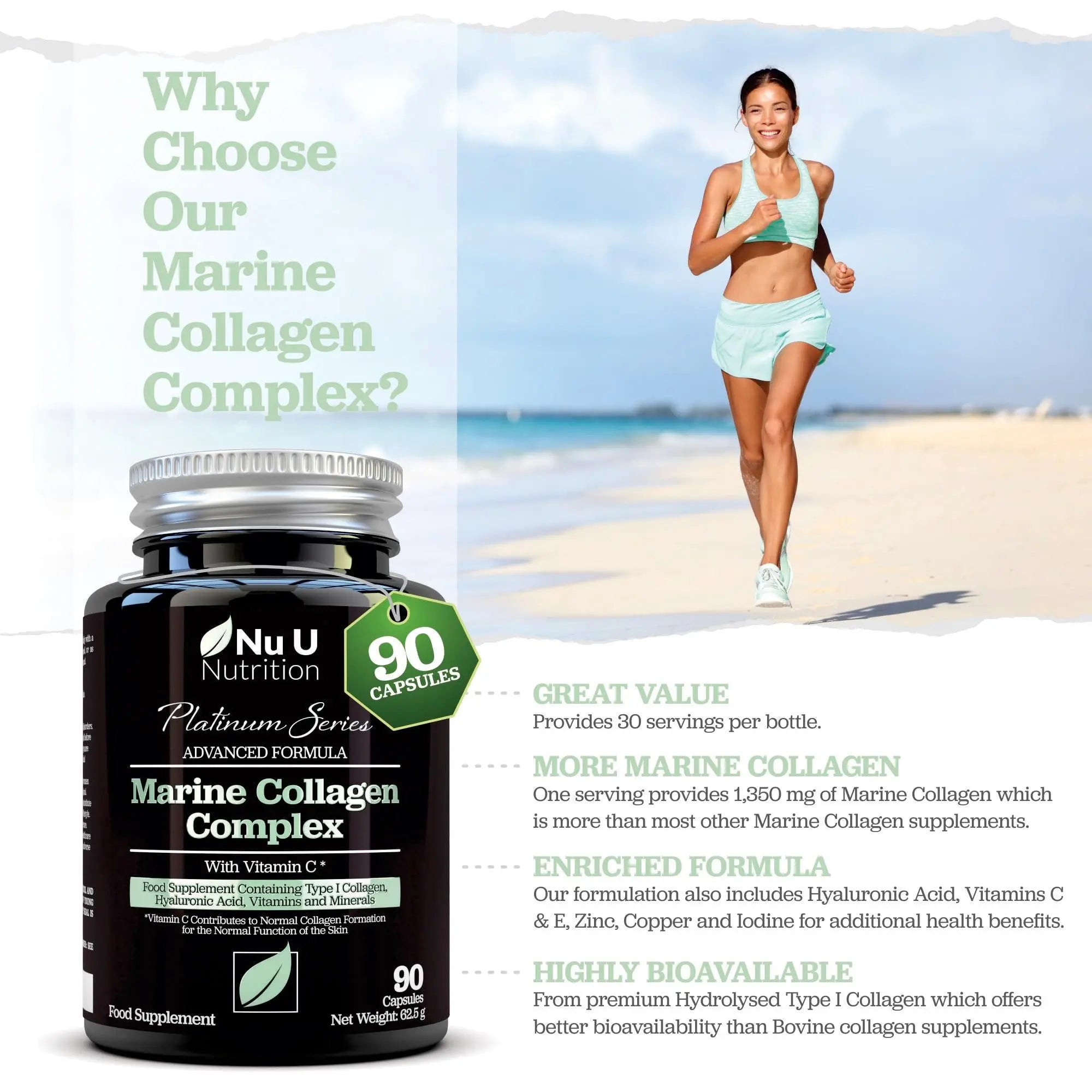 Marine Collagen with Hyaluronic Acid, Vitamin C - 90 Hydrolysed Capsules (not Tablets Nu U Nutrition Au supplements