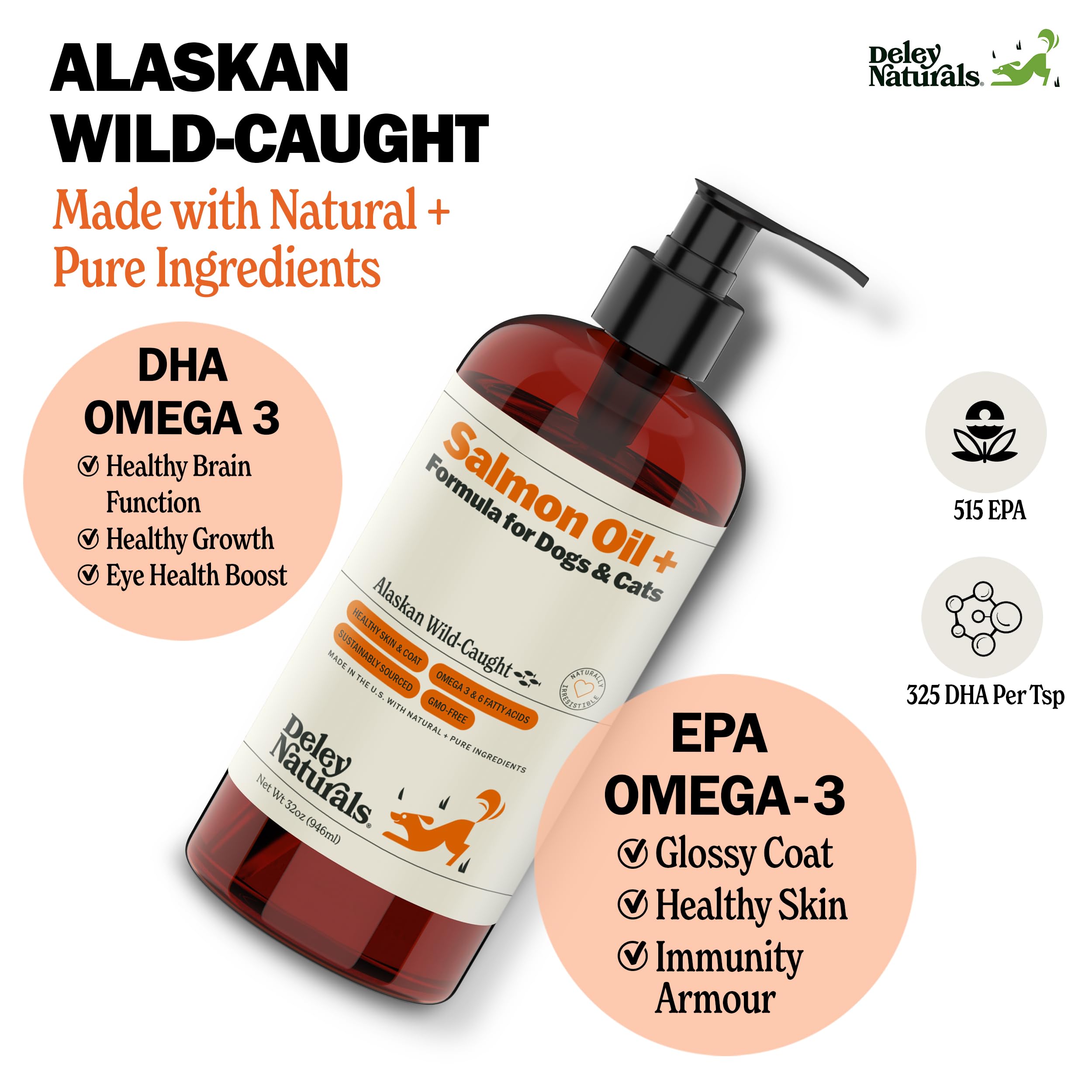 Deley Naturals Wild Alaskan Salmon Oil for Dogs & Cats - New and Improved Salmon Oil Plus Formula - Fish Oil for Dogs with Omega 3, DHA and EPA - Omega 3 for Healthy Skin and Coat - 32oz Made in USA Deley Naturals Au supplements