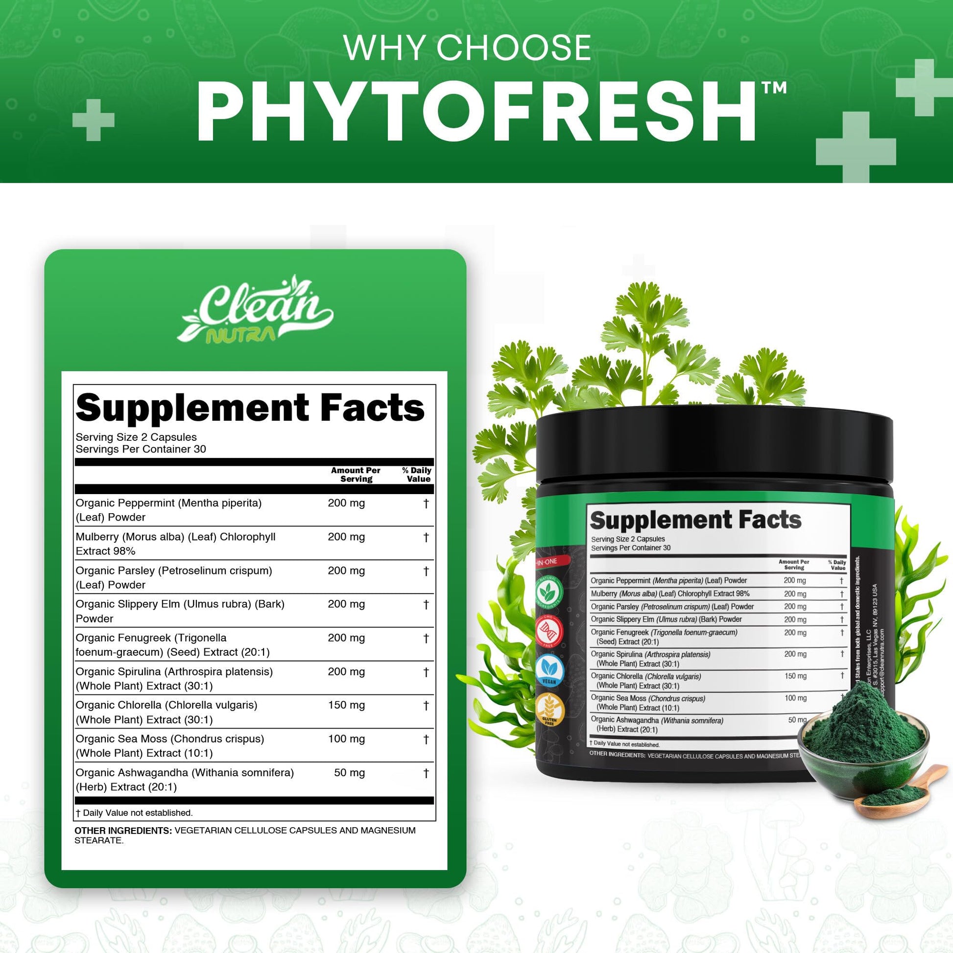 Clean Nutra Chlorophyll Capsules Supplement Internal Deodorant Peppermint, Sea Moss, Parsley, Chlorella, Spirulina, Slippery Elm, Ashwagandha, PhytoFresh Greens Detox Pills Clean Nutraceuticals Au supplements