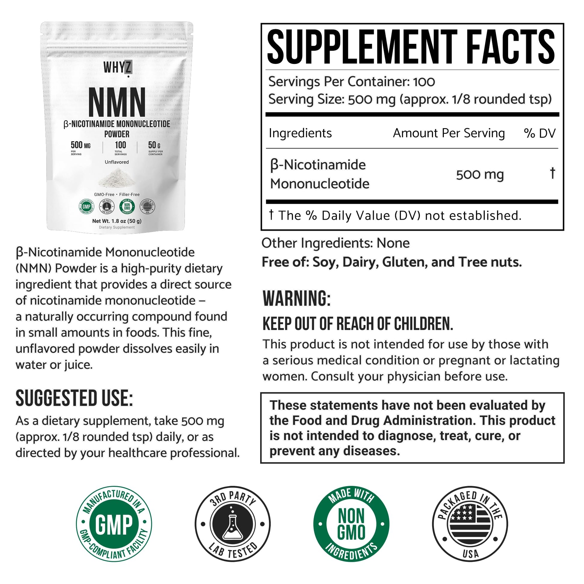 Pure NMN Powder Nicotinamide Mononucleotide Quick Dissolved NMN Supplement Powder 100% Unflavored NMN Supplement Supports NAD+ Levels Vegan Friendly Non-GMO, 50g WHYZ Au supplements