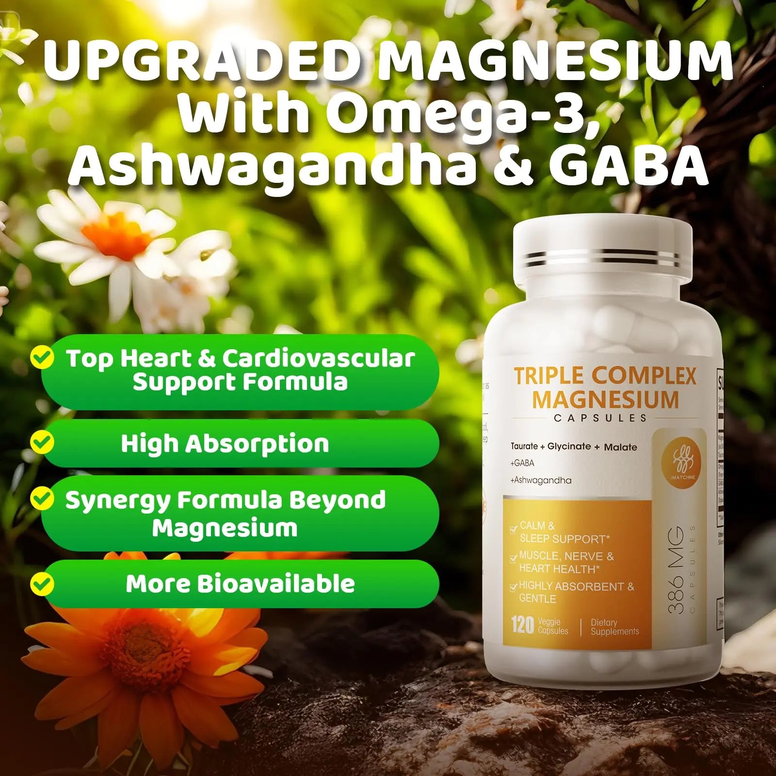 Triple Magnesium Complex - Magnesium Glycinate, Taurate & Malate Supplement with Omega3, Ashwagandha, GABA for Sleep, Brain Heart & Muscle Support - High Absorption and Gentle, Vegan, 120 Capsules iMATCHME Au supplements