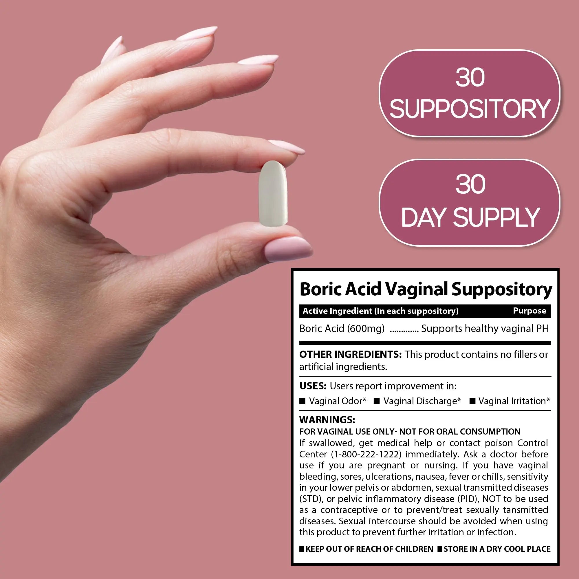 Boric Acid Suppositories for Women 600 mg, Pure Boric Acid pH Balance for Women & Vaginal Odor Control – 30 Suppositories, Made in USA HARMONIFY Au supplements