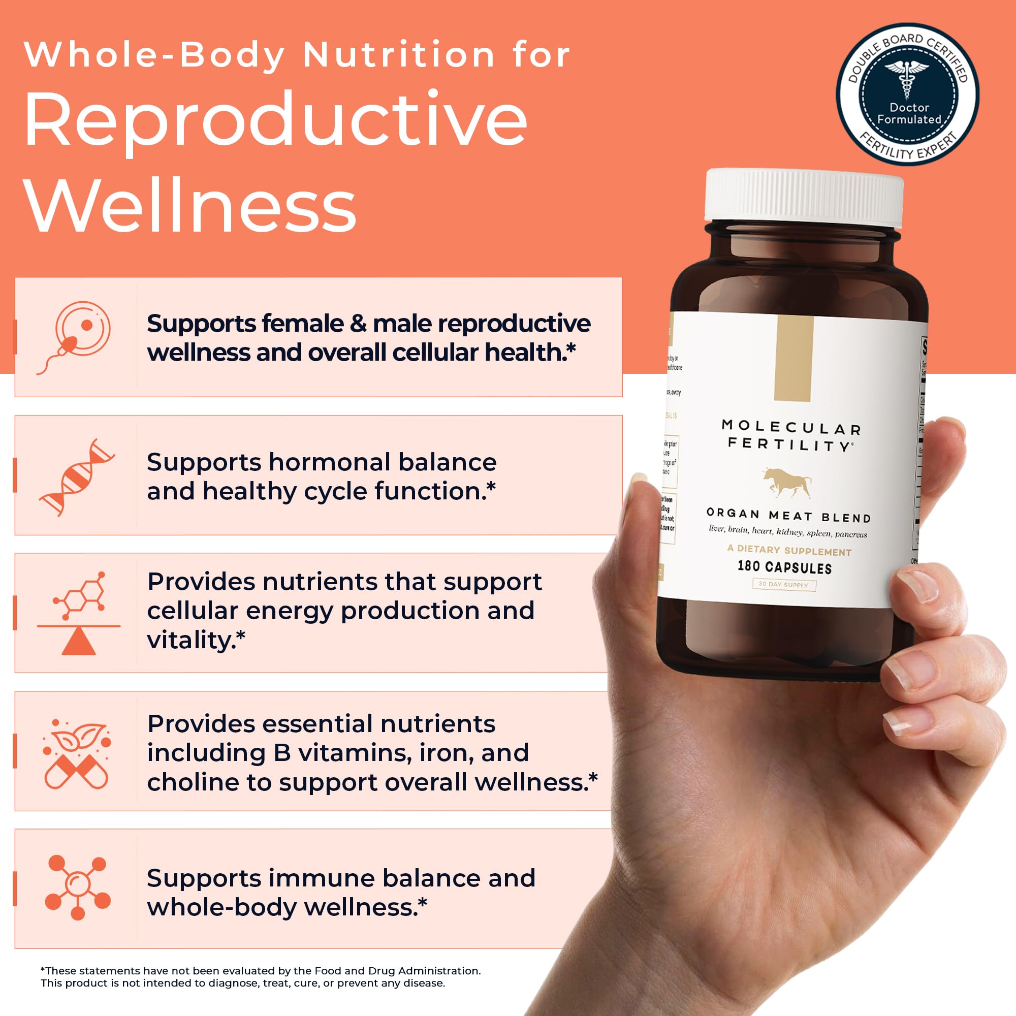 Molecular Fertility Beef Organ Complex - Pasture-Raised, Grass Fed Beef Liver, Brain, Heart, Spleen, Pancreas Blend, Healthy Hormone Balance and Fertility Supplement for Women and Men, 180 Capsules Molecular Fertility Au supplements