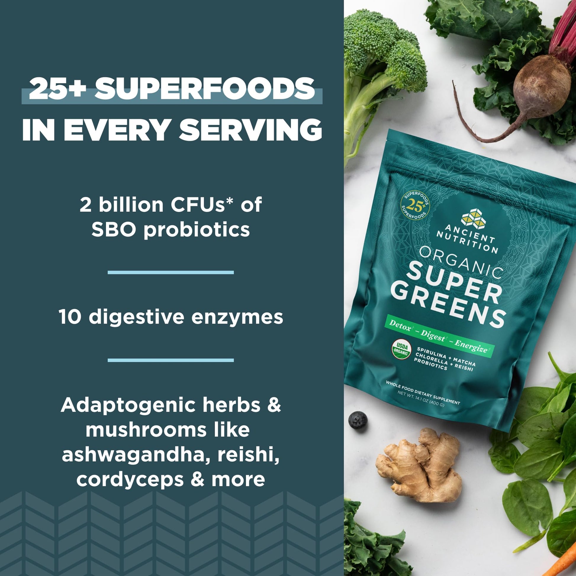 Ancient Nutrition Super Greens Powder, Organic Superfood Powder with Probiotics Made with Spirulina, Chlorella, Matcha, and Digestive Enzymes, 50 Servings, 14.1 oz Ancient Nutrition Au supplements