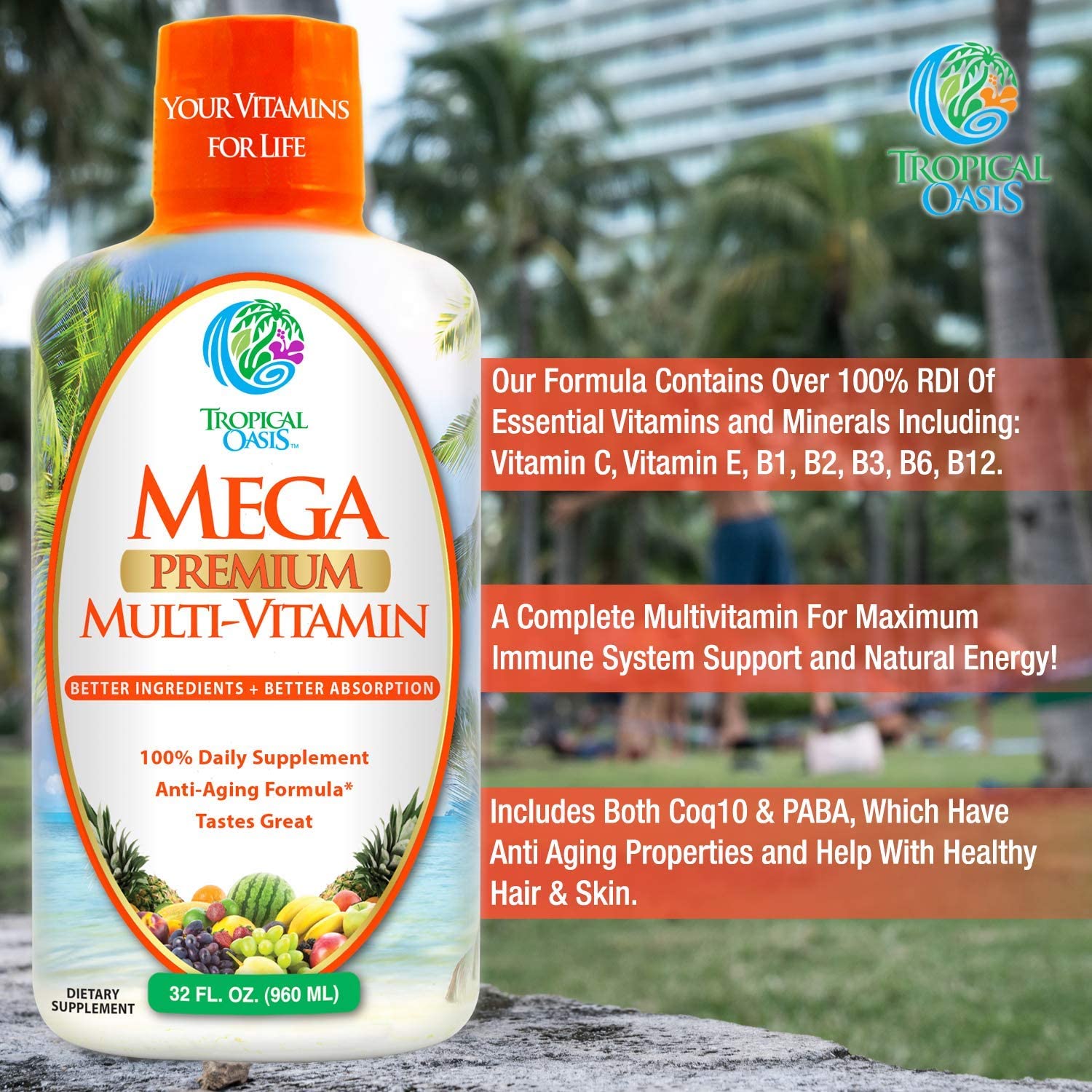 Mega Premium Liquid Multivitamin | Natural Immune Support Vitamin w/ 1333% Vitamin C, 200% D3, Zinc + 20 Vitamins, 70 Minerals, & 21 Amino Acids | Sugar Free | Orange Flavor | 98% Absorption | 32 Serv Tropical Oasis Au supplements