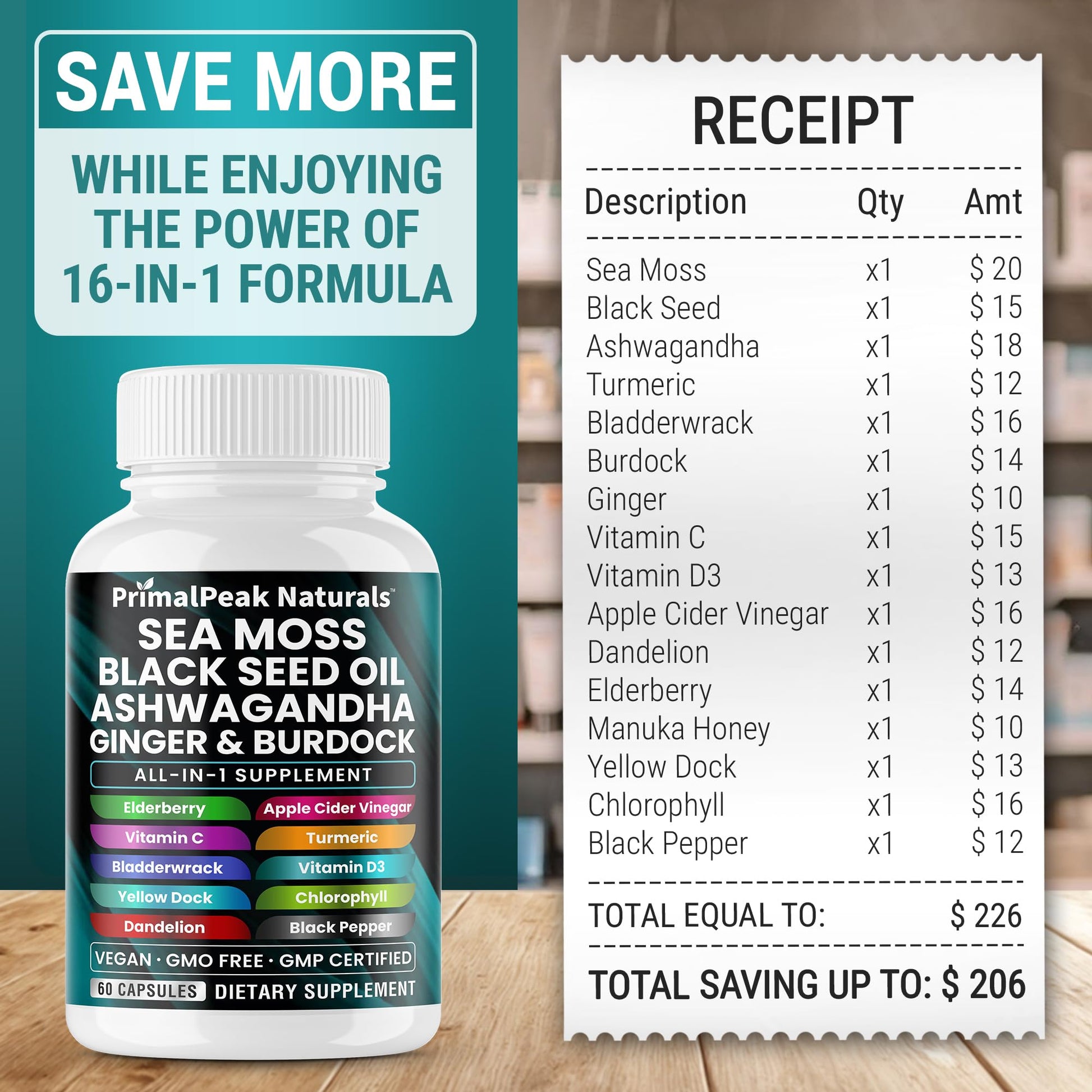 PrimalPeak Naturals Sea Moss Black Seed Oil Ashwagandha Ginger Burdock Bladderwrack Turmeric & Vitamin C Vitamin D3 with ACV Elderberry Chlorophyll Dandelion Yellow Dock Vegan Capsules - 60 Count PrimalPeak Naturals Au supplements