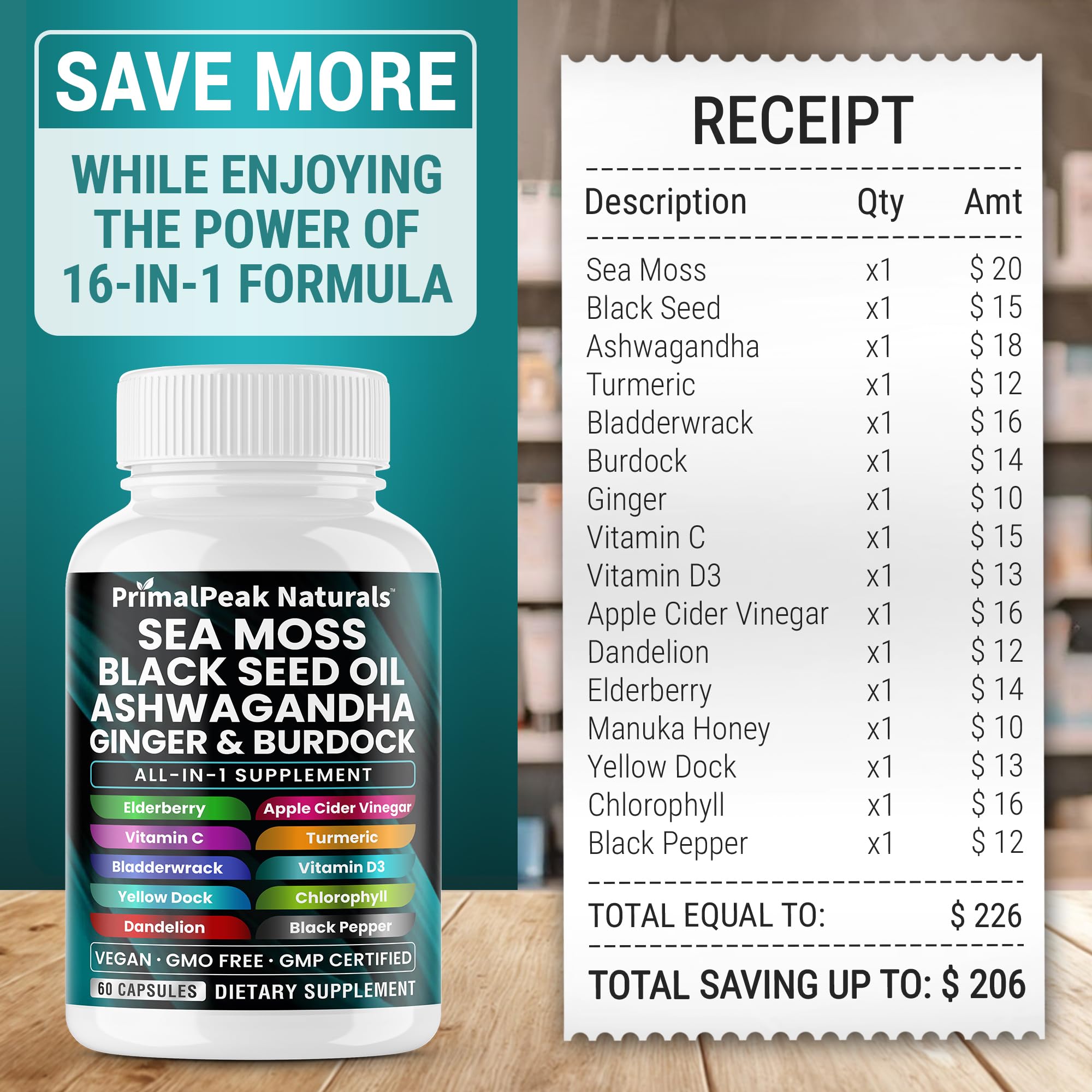 PrimalPeak Naturals Sea Moss Black Seed Oil Ashwagandha Ginger Burdock Bladderwrack Turmeric & Vitamin C Vitamin D3 with ACV Elderberry Chlorophyll Dandelion Yellow Dock Vegan Capsules - 60 Count PrimalPeak Naturals Au supplements
