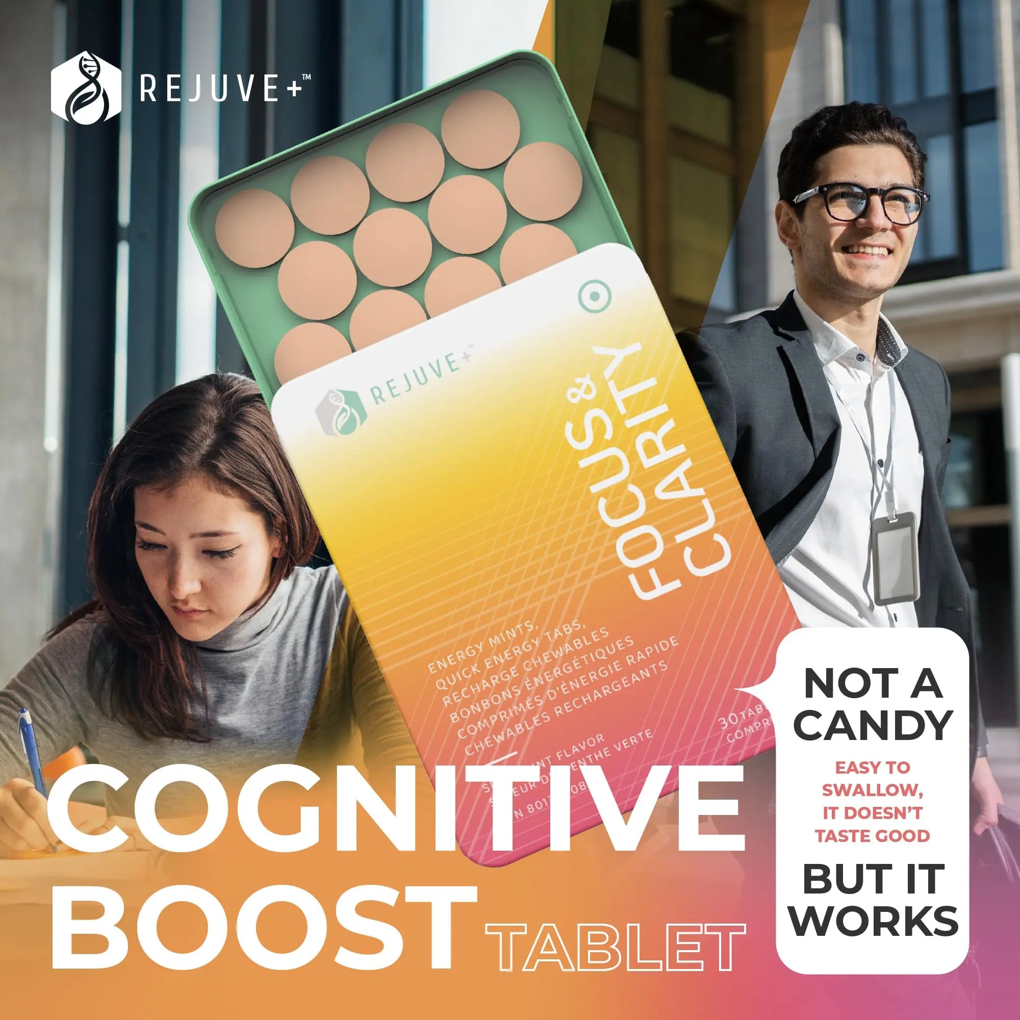 REJUVE+ Focus & Clarity Nootropic Supplement – Brian Boost | L-Theanine, Caffeine, Lion’s Mane, Magnesium, Vitamin B6 & B12 | Brain Support, Memory, Focus & Energy | Mint Flavor (30 Chewables) (1) REJUVE+ Au supplements