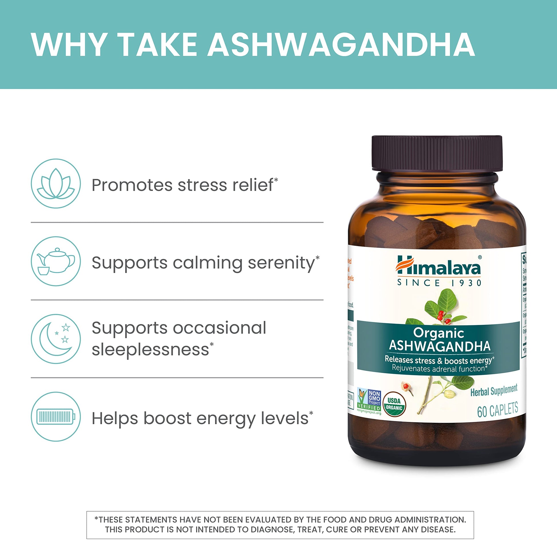 Himalaya Organic Ashwagandha Root, 120 Day Supply - Herbal Adrenal Support Supplements for Stress Relief and Energy Support - USDA Organic, Non-GMO, Vegan, Gluten Free, 60 Caplets, 2 Pack Himalaya Au supplements