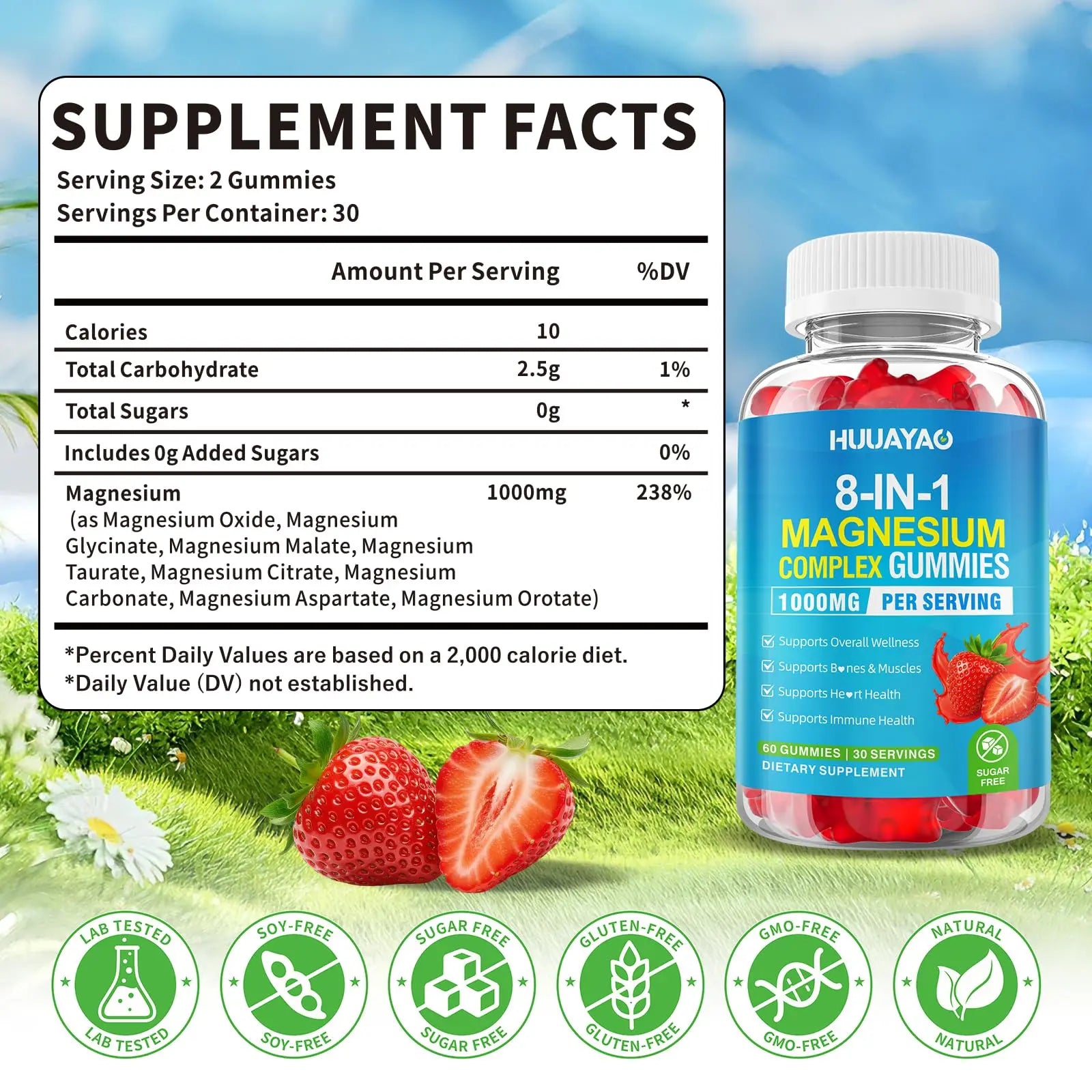 Magnesium Complex Gummies for Women Men 8 in 1, Magnesium Glycinate, Citrate, Malate, Taurate, Supports Bones, Muscle, Nerve Health, Sugar-Free, Vegan Non-GMO, Strawberry Flavor, 120 Count HUUAYAO Au supplements