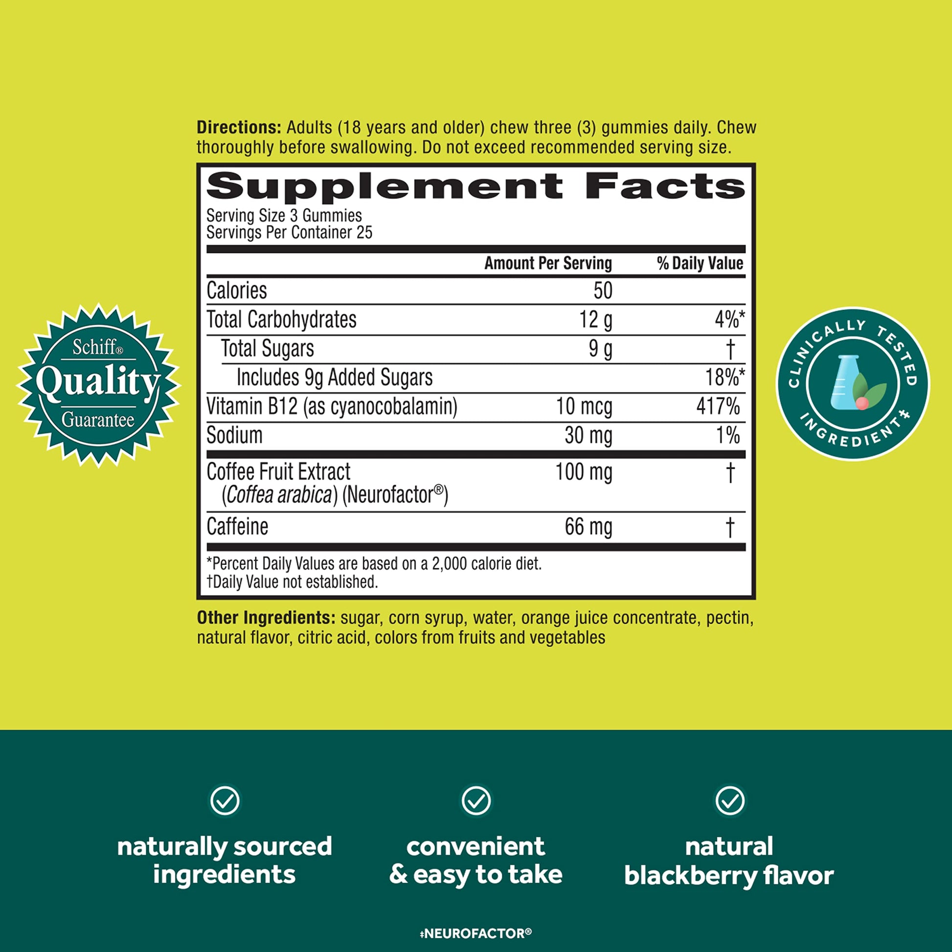 NEURIVA Brain + Energy Gummies, Nootropic Brain Supplements for Focus and Concentration with Neurofactor, Vitamin B12 & Caffeine for an Energy Boost*, 75ct Natural BlackBerry NEURIVA Au supplements
