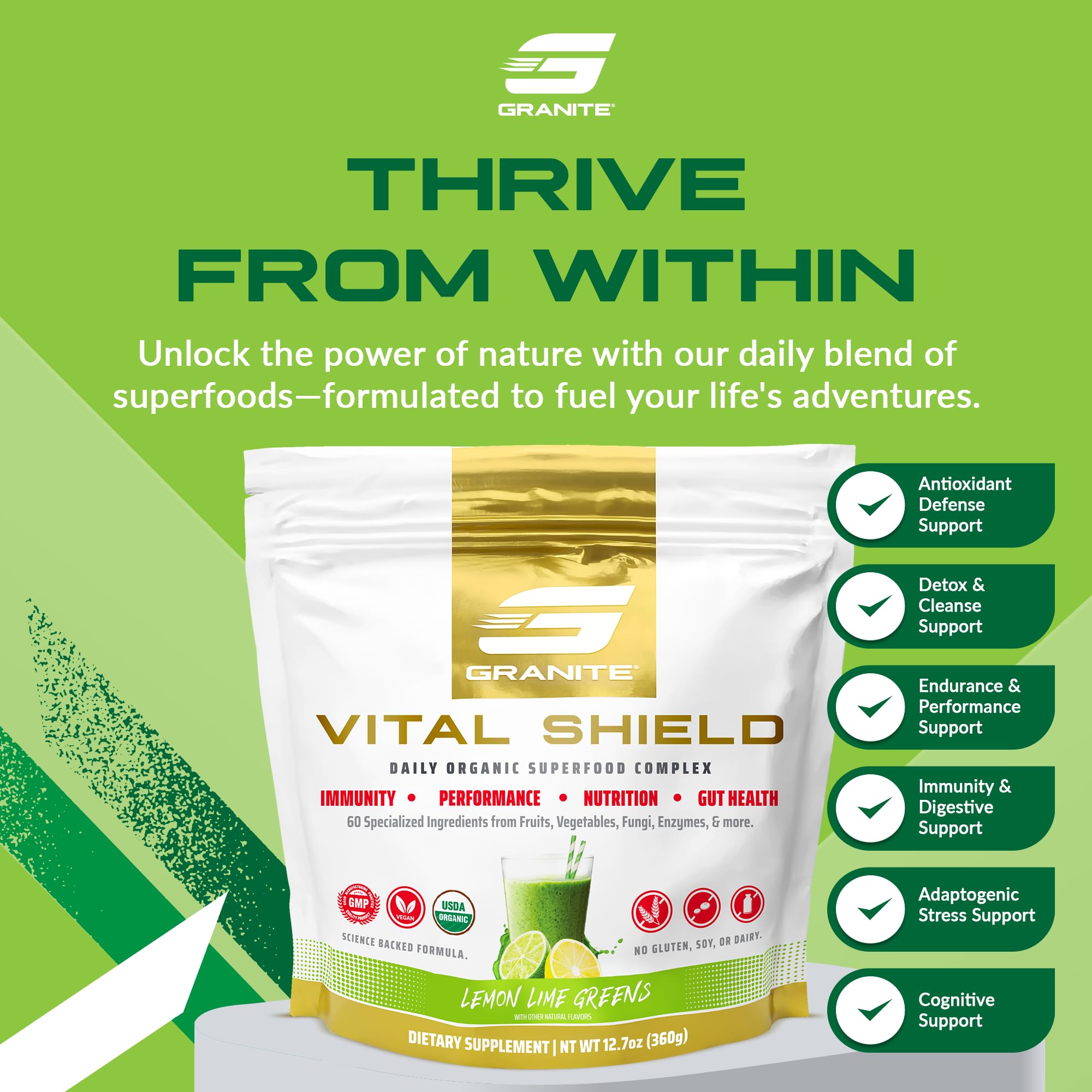 Granite Nutrition Vital Shield - USDA Organic Superfood Greens with Mushrooms & Tart Cherry – Supports Energy, Immune Function & Digestive Health – Lemon Lime Flavor (30 Servings) Granite Supplements Au supplements