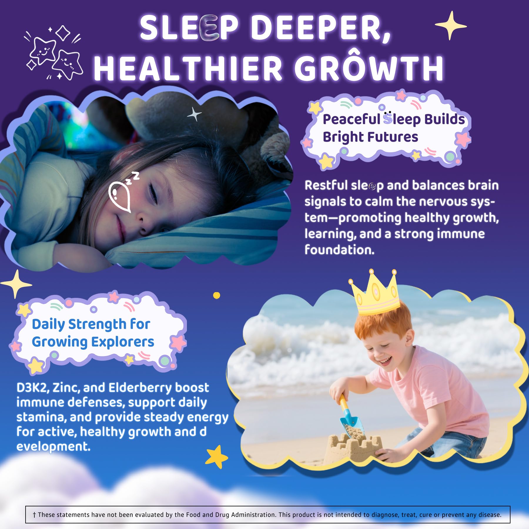 Kids Sleep Gummies, NO Melatonin Sleep Aid Gummies w/ Magnesium Glycinate, Magnesium Malate, L-Theanine, Lavender, B6, Zinc, D3K2 for Restful Sleep, Relax Brain & Muscle, Immune Support, Non-GMO 1Pack ELLAMENTZ Au supplements