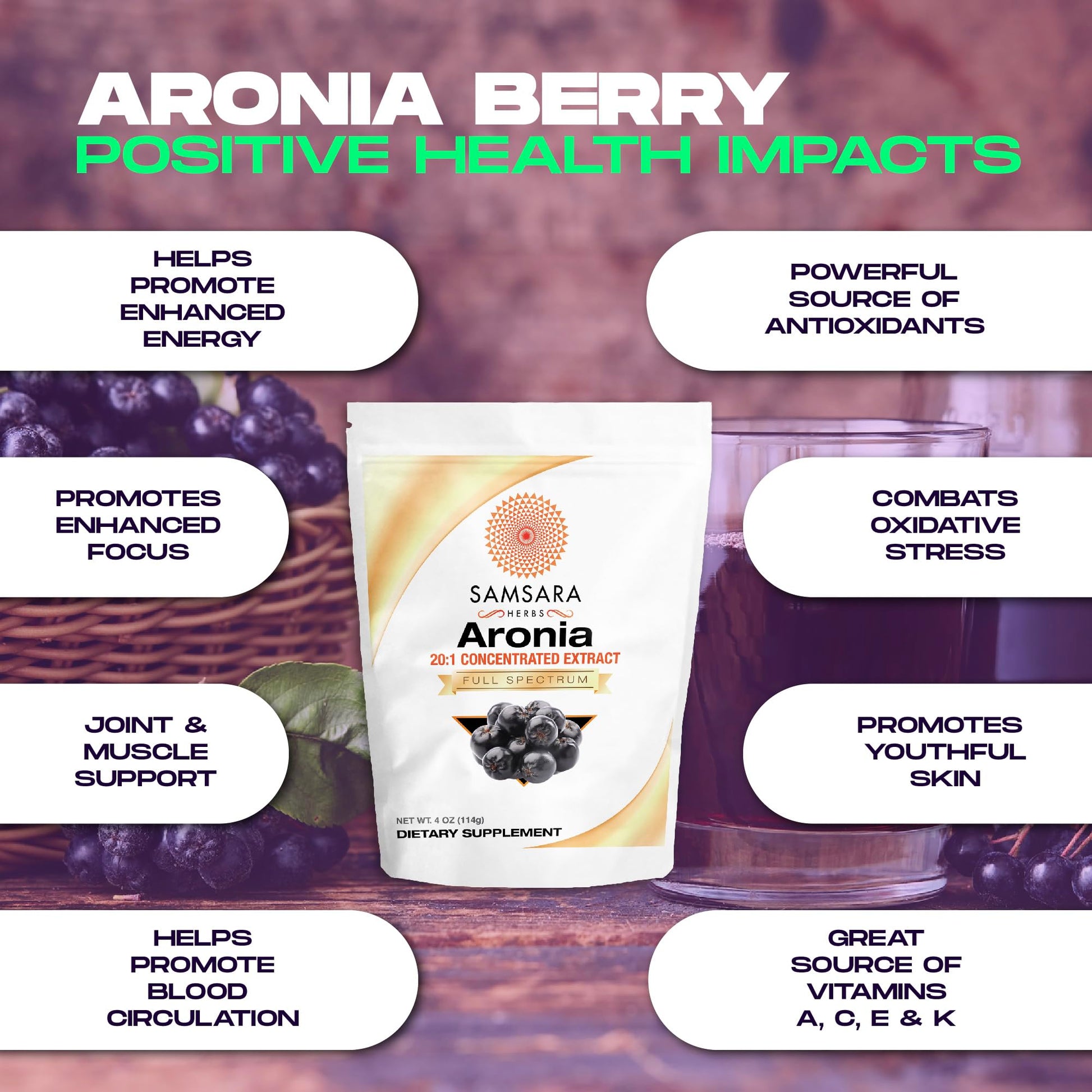 Samsara Herbs Aronia Berry 20:1 Extract Powder (16oz/454g) - Antioxidant, Flavonoids and Polyphenols Supplement - High ORAC - Native American Berry - Improved Wellbeing Samsara Herbs Au supplements