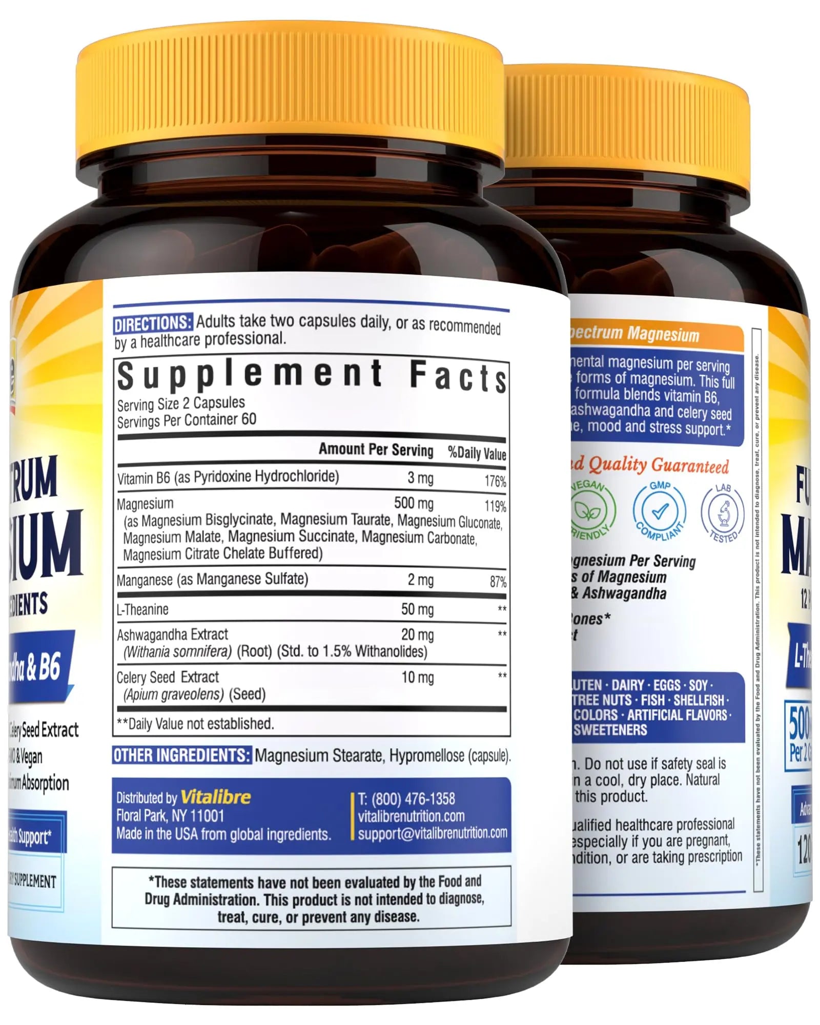 Vitalibre Magnesium Complex Supplement 500mg + Ashwagandha, L-Theanine, Vitamin B6 & Celery, High Absorption Magnesium Glycinate, Citrate, Malate, Sleep & Bone Support, 120 Vegan Capsules Vitalibre Au supplements
