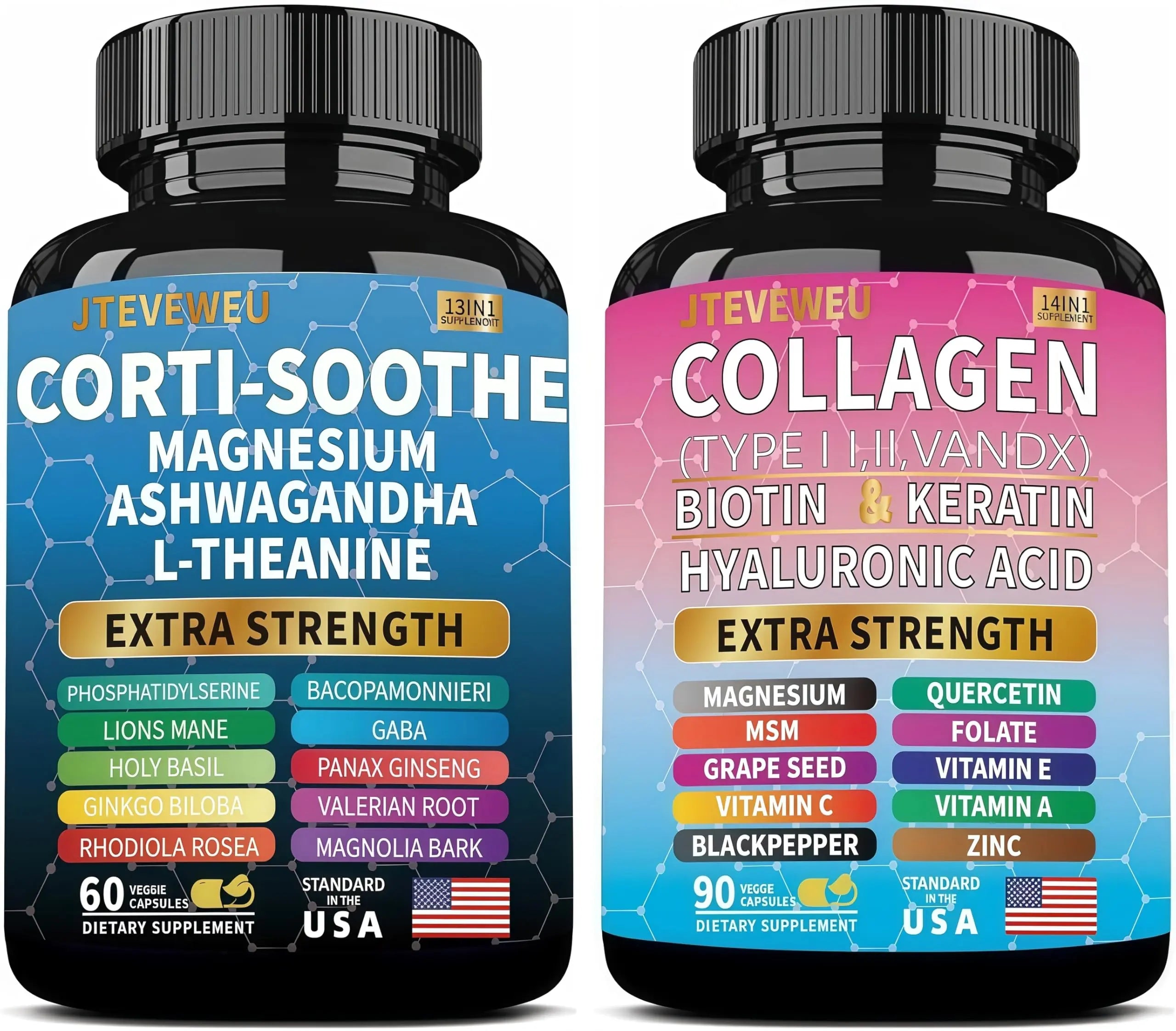 JTEVEweu Shining Serenity Set, Cortisol Support with Ashwagandha, L-Theanine, Magnesium, Lions Mane, GABA, Bacopa Monnieri, Collagen Biotin, Keratin, Hyaluronic Acid, Quercetin JTEVEweu Au supplements