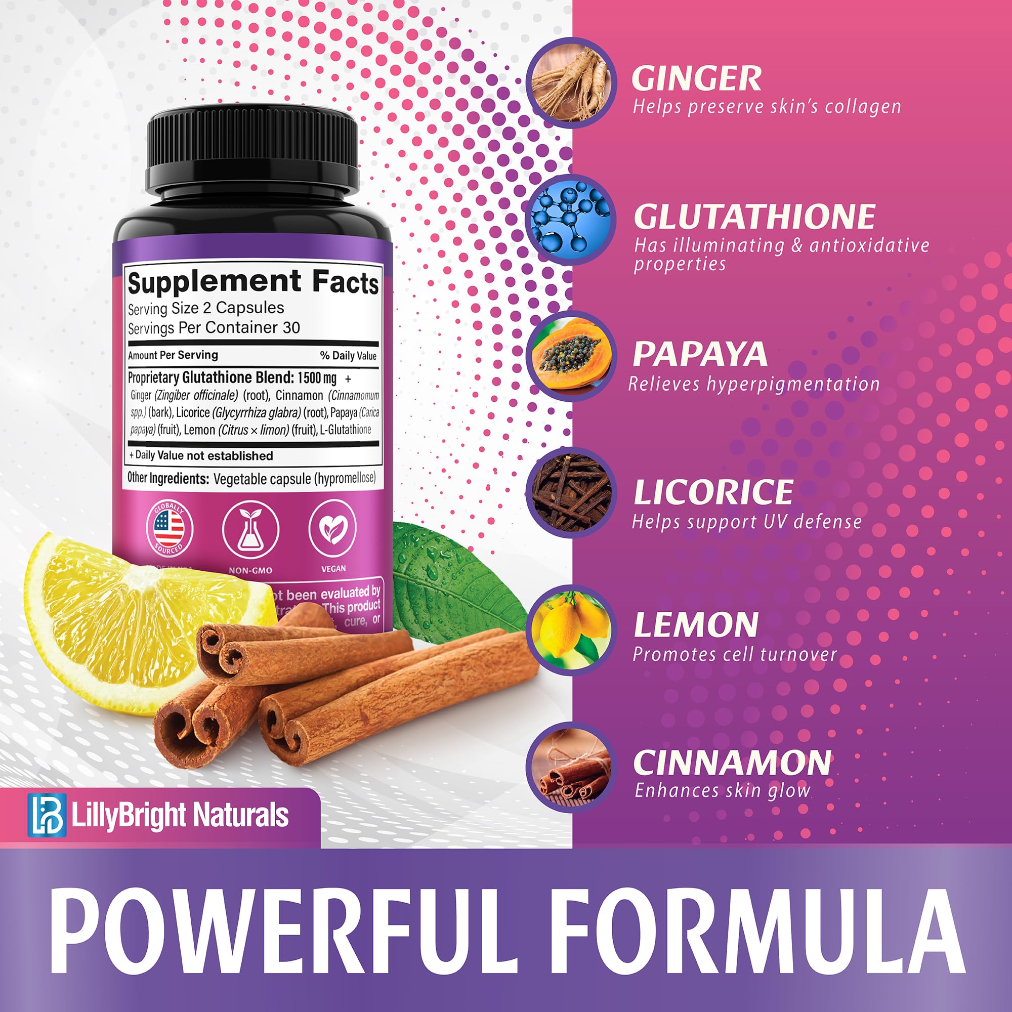 Glutathione Capsules - 1,500mcg L-Glutathione Supplement with Vitamin C - Skin Tone Enhancer - Targets Dark Spots & Acne Marks - Antioxidant Supplement for Beauty & Health Support - 60 Skin Pills LB LILLYBRIGHT NATURALS Au supplements