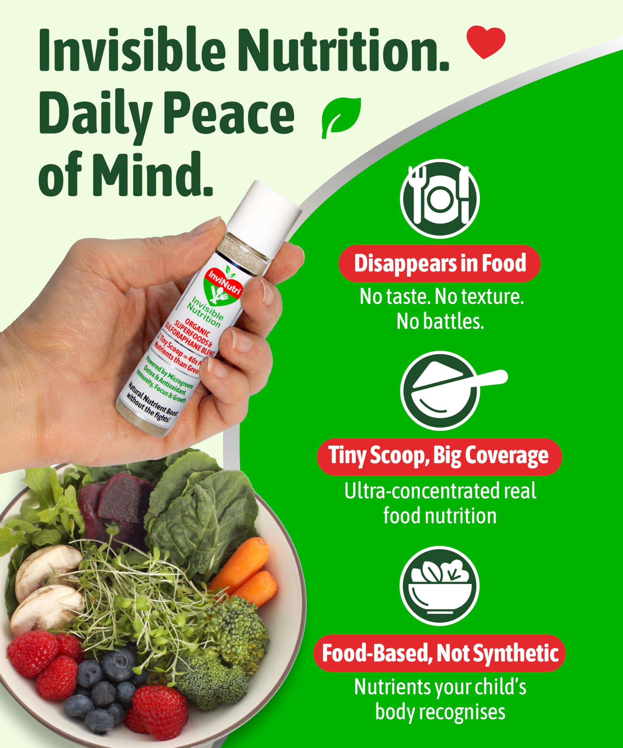 InviNutri Superfood Powder for Sensory & Picky Eaters. A TINY scoop- 40x Nutrient-Rich, 30mg Sulforaphane for Detox. Organic Microgreens, Fruits & Veggies - Blends Invisibly into Most Meals - 24 serv. InviNutri Invisible Nutrition Au supplements