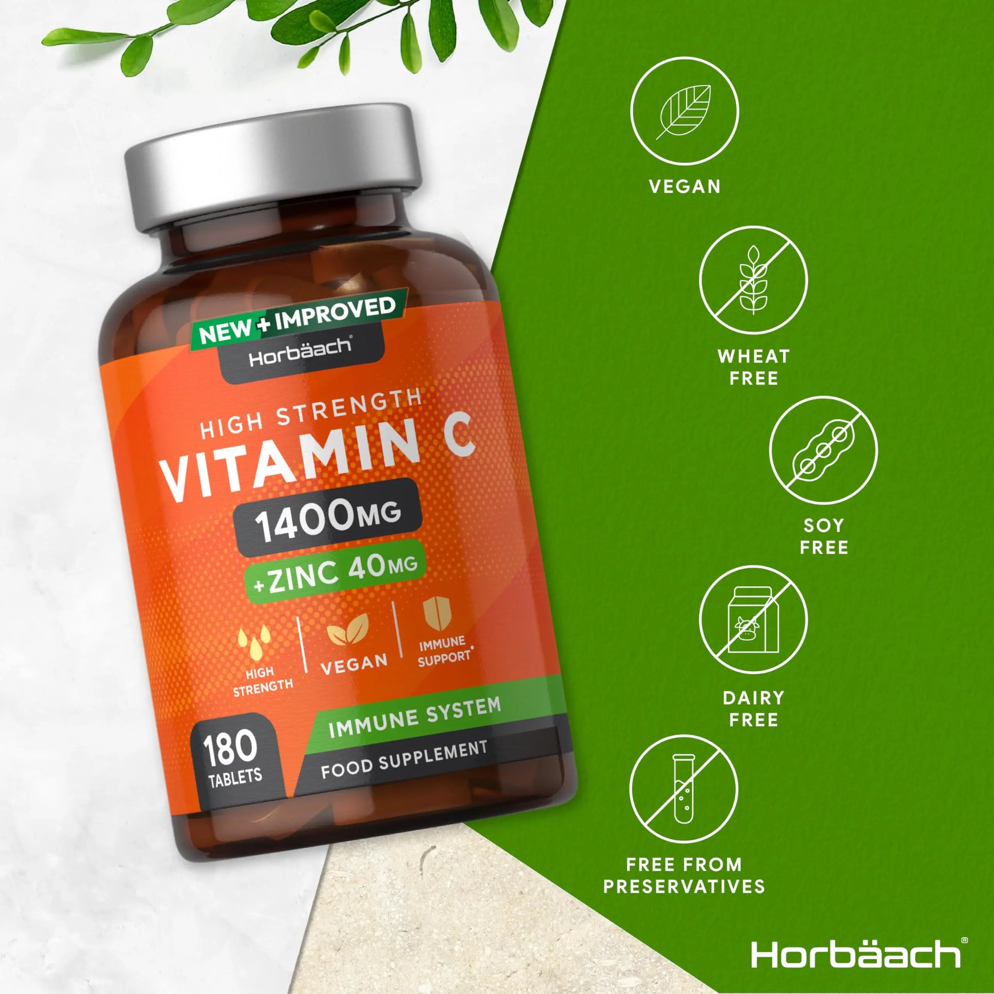 Vitamin C and Zinc | 180 Vegan Tablets | High Strength Vitamin C 1400mg and Zinc 40mg Horbäach Au supplements