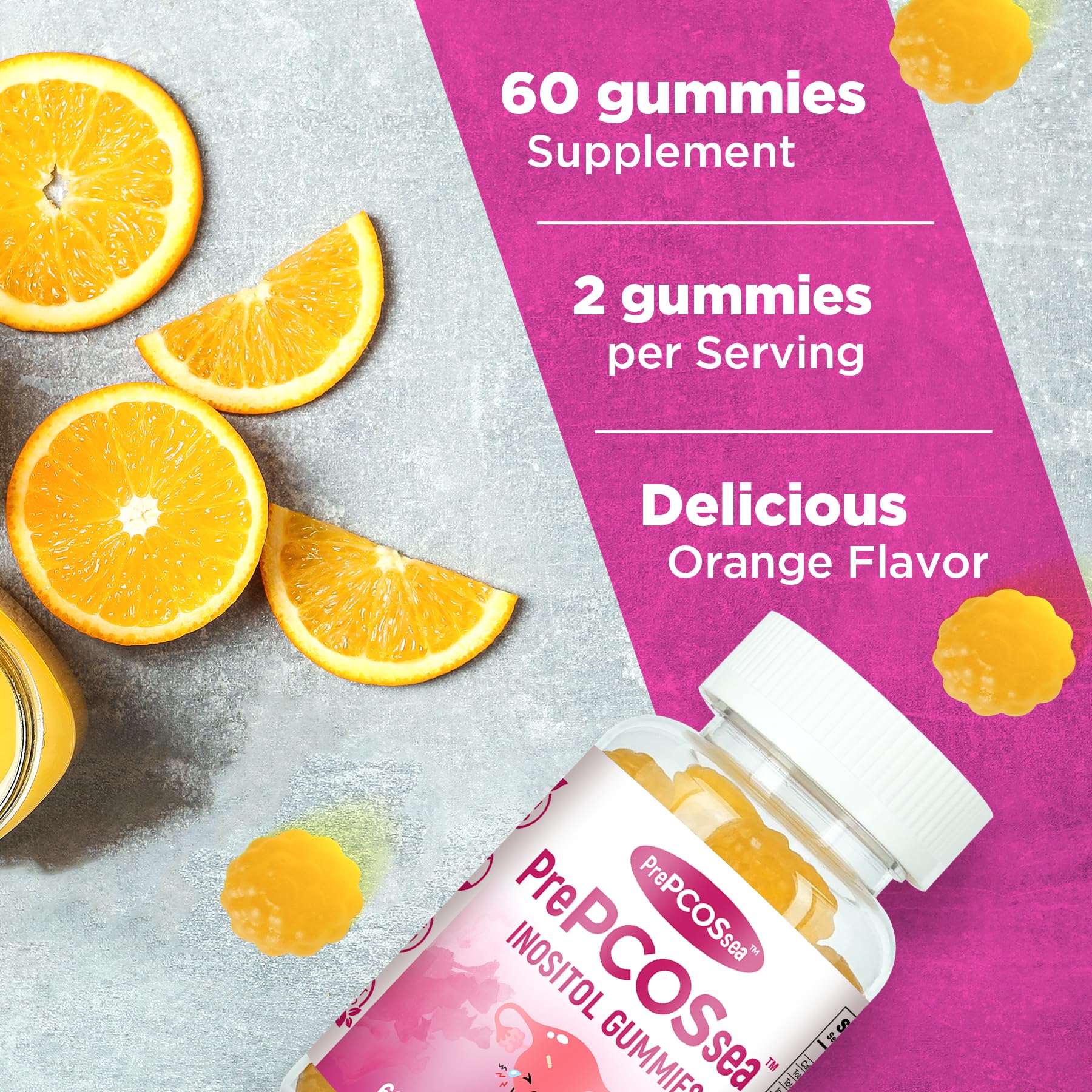 Feelherbs PrePCOSsea Inositol Gummies Vitamins, 2 Pack Orange Flavor Myo-Inositol Vitamin Gummies with Folate, B6, B12 & D-Biotin, 60 Count Soft Chews Feelherbs Au supplements