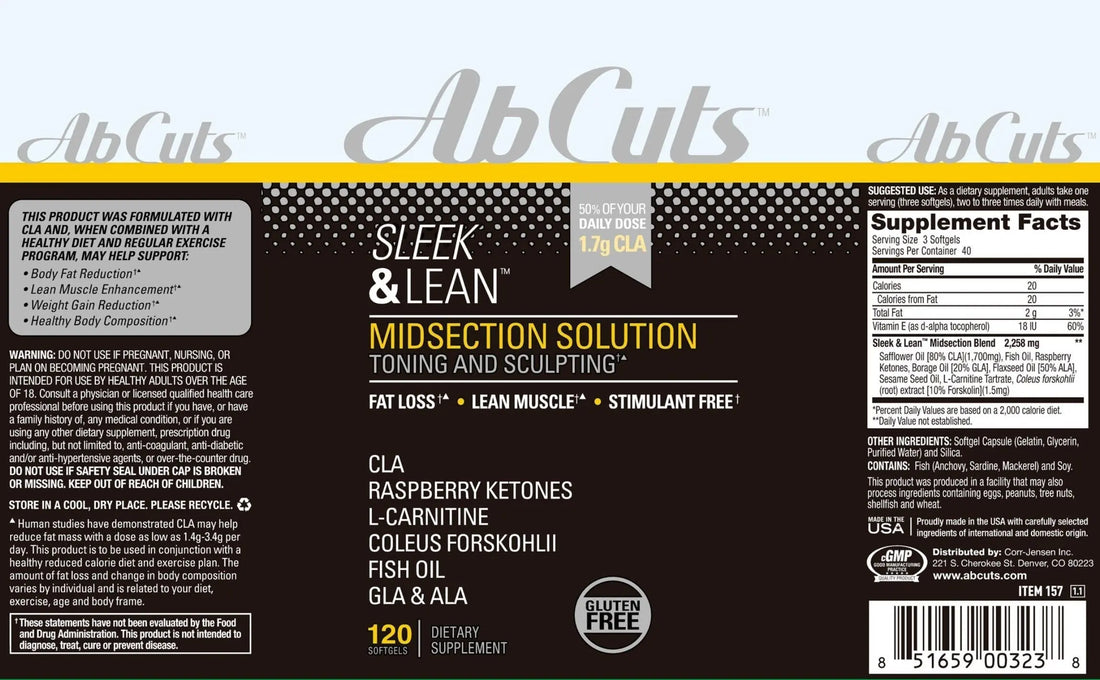 AbCuts Sleek and Lean - 120 Easy-to-Swallow Softgels - CLA Supplement, Fish Oil AbCuts Au supplements