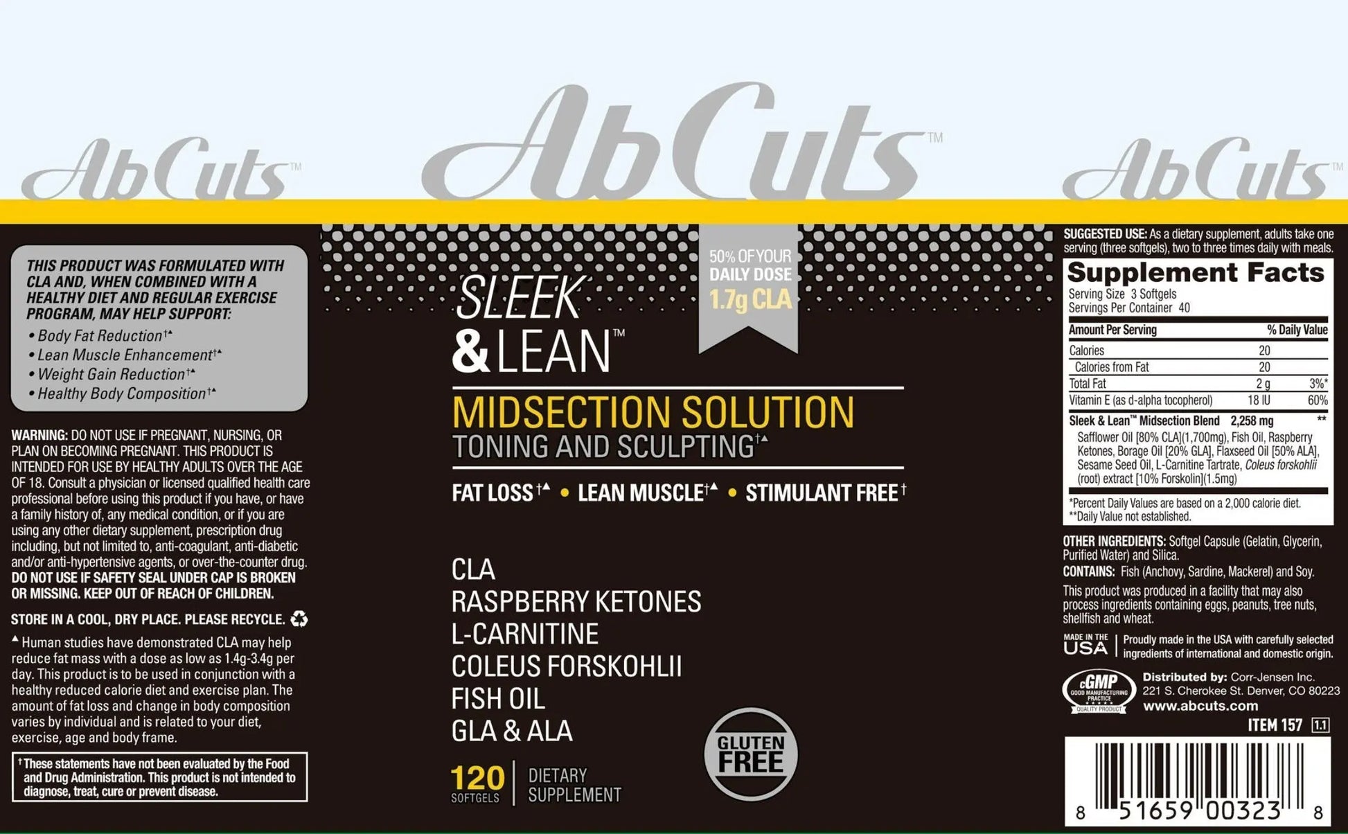 AbCuts Sleek and Lean - 120 Easy-to-Swallow Softgels - CLA Supplement, Fish Oil AbCuts Au supplements