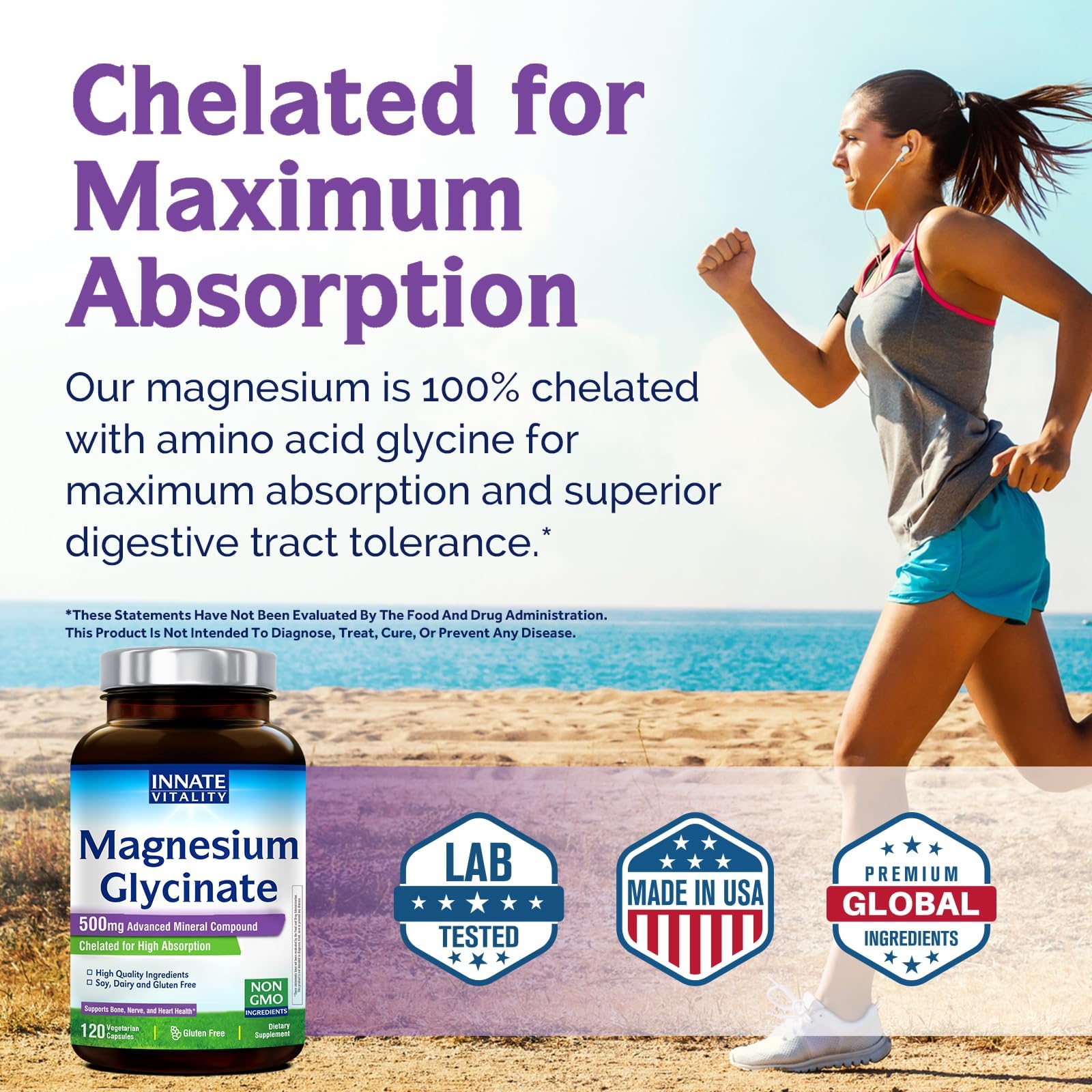 Innate Vitality Magnesium Glycinate 500mg | 70mg Elemental Magnesium Supplement - High Absorption, Non Buffered, Non-GMO & No Gluten - Vegan - Nerve Health - 120 Capsules (Pack of 1) Innate Vitality Au supplements