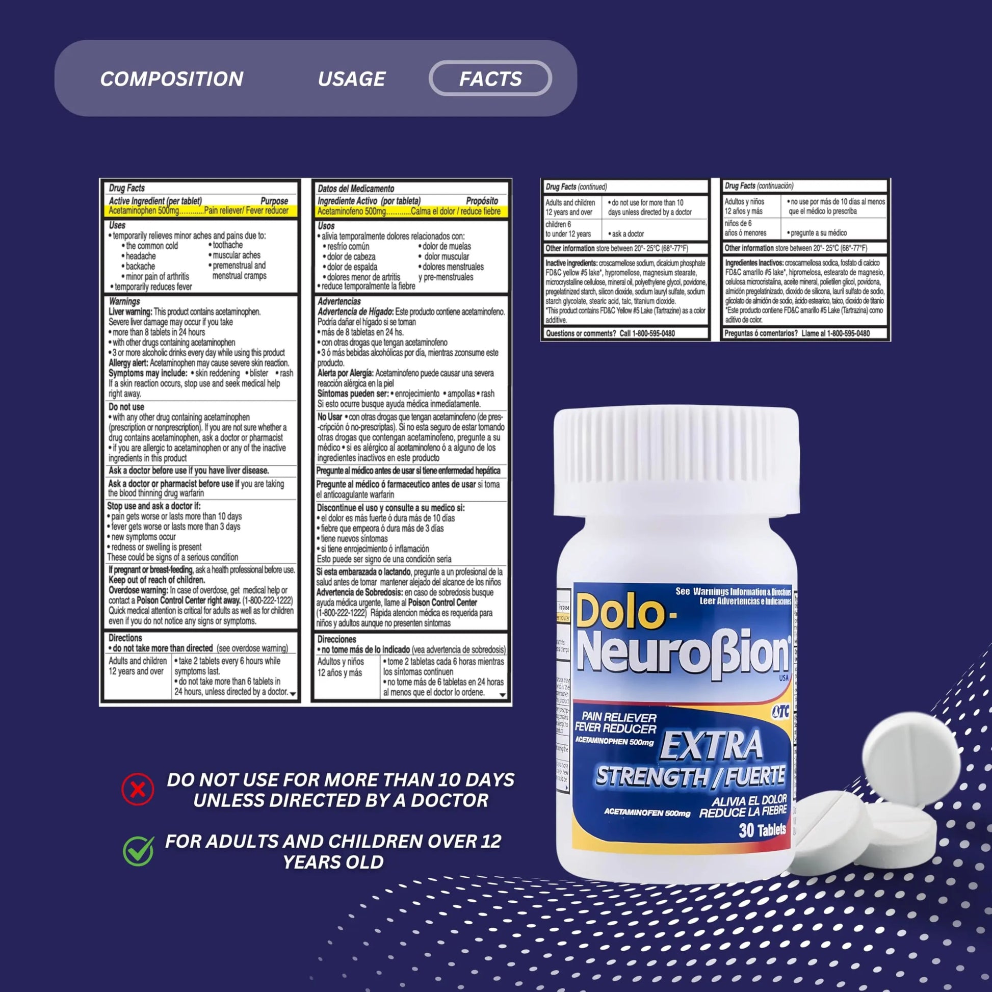 Dolo Neurobion 30 Tablets - Pain Reliever, Fever Reducer, Extra Strength, Fuerte, Alivia el Dolor, Reduce la Fiebre Neurobion Au supplements