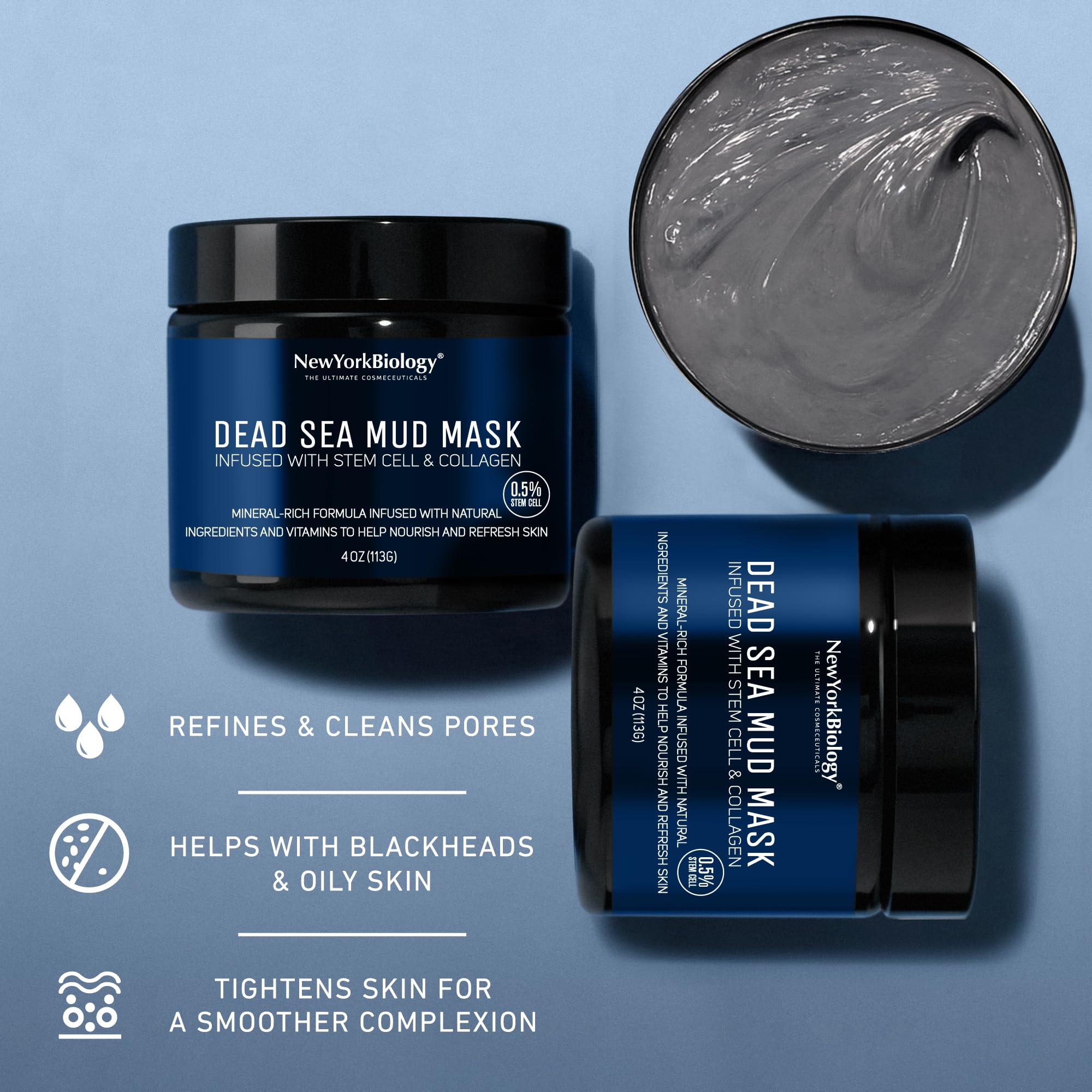 New York Biology Dead Sea Mud Mask for Face & Body | with Stem Cell and Collagen | Face Mask, Brush Applicator, Towel | Spa Quality Pore Refiner for Oily Skin