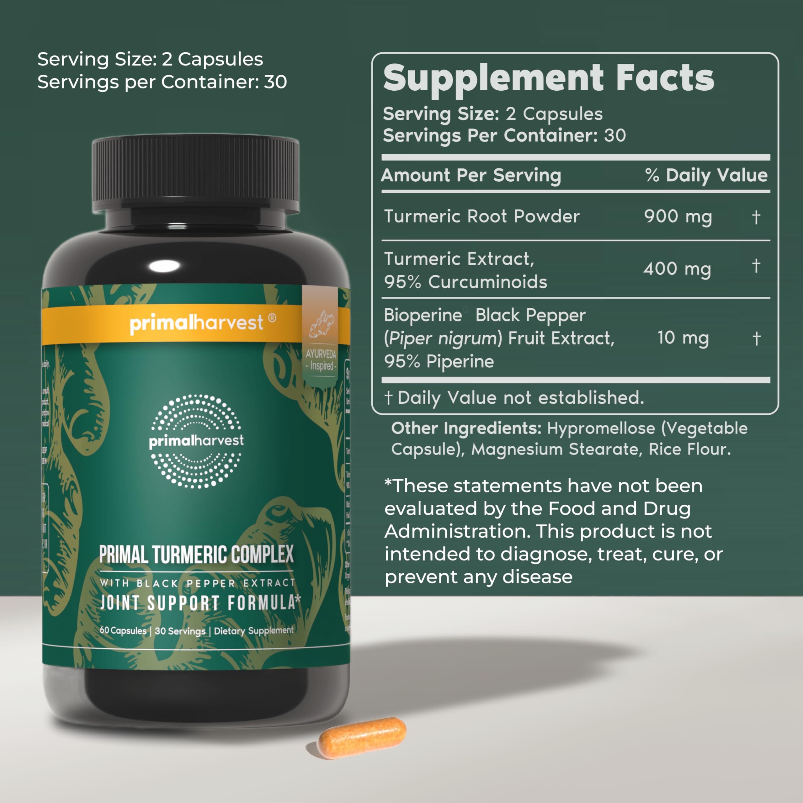 Primal Harvest 1 Pack, Primal Turmeric Complex w/Black Pepper Extract, Joint and Mobility Support Turmeric Supplement for Women & Men, 60 Capsules Primal Harvest Au supplements