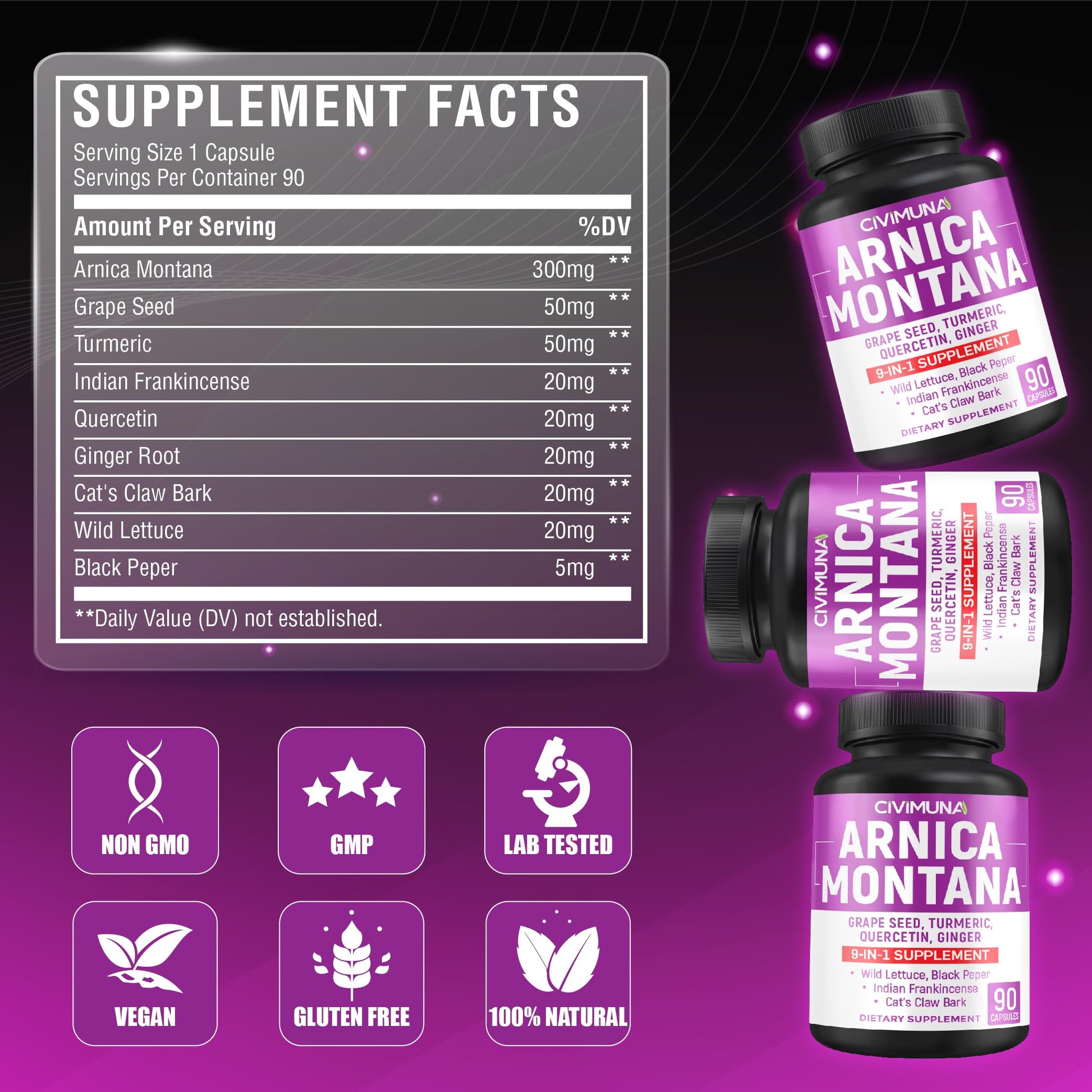 Arnica Capsules with Arnica, Grape Seed, Turmeric and More - 90 Capsules for 3 Months Supply CIVIMUNA Au supplements
