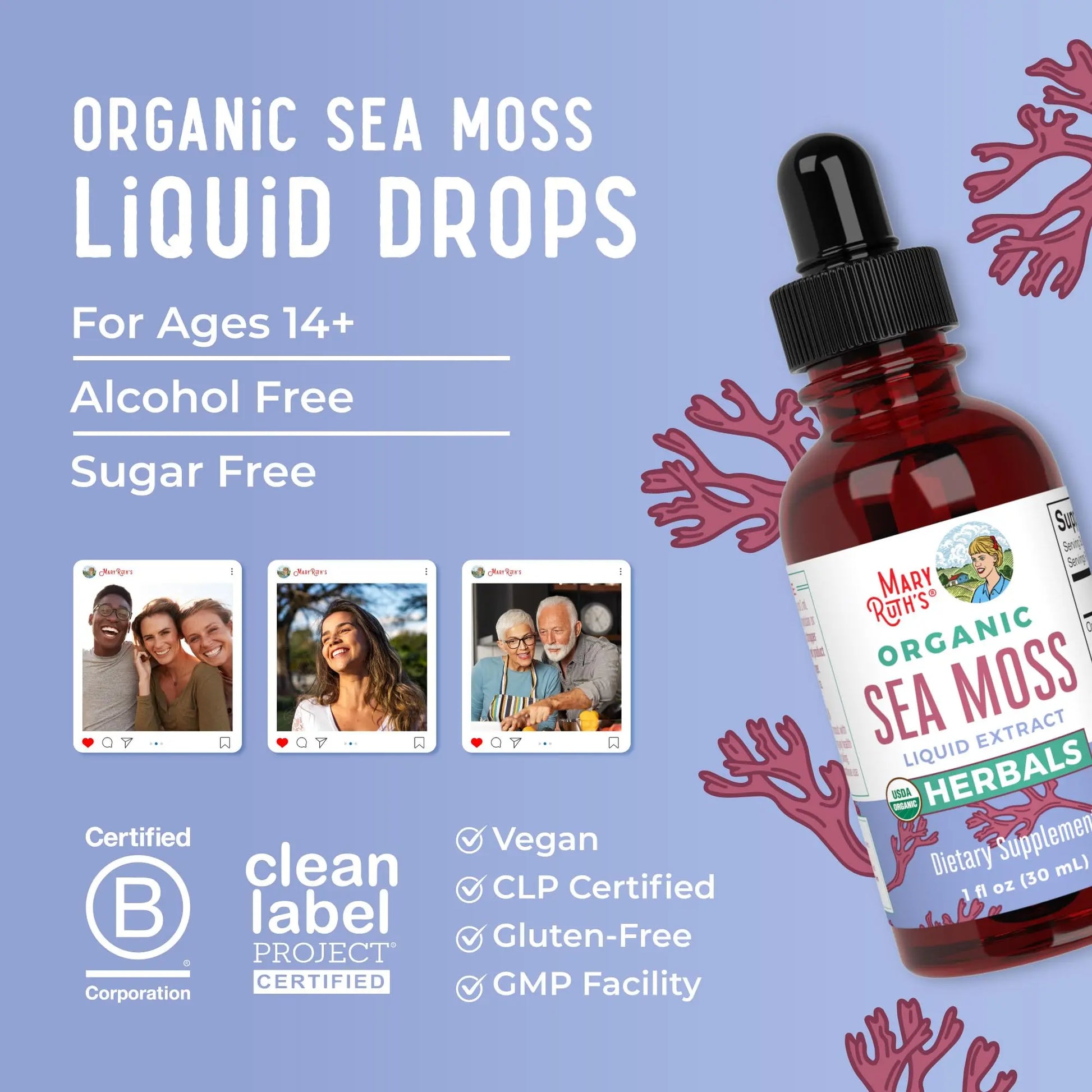 MaryRuth Organics Irish Sea Moss Liquid Drops | Chondrus Crispus | Wild Harvested | Organic Irish Moss Formulated for Adults & Kids Ages 14+ | Unflavored | Sugar Free | Vegan | Non-GMO | 1 Fl Oz MARYRUTH'S Au supplements