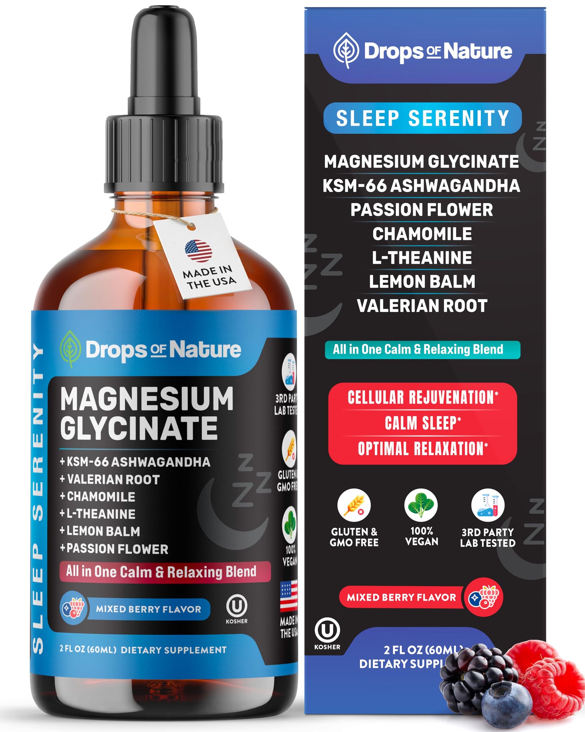 Magnesium Glycinate & Ashwagandha Liquid Drops with Valerian Root, Chamomile, Passion Flower, Lemon Balm & L-Theanine - Vegan Fast Absorption - Supplement for Wellness & Relaxation (Mixed Berry, 60mL) Drops Of Nature Au supplements