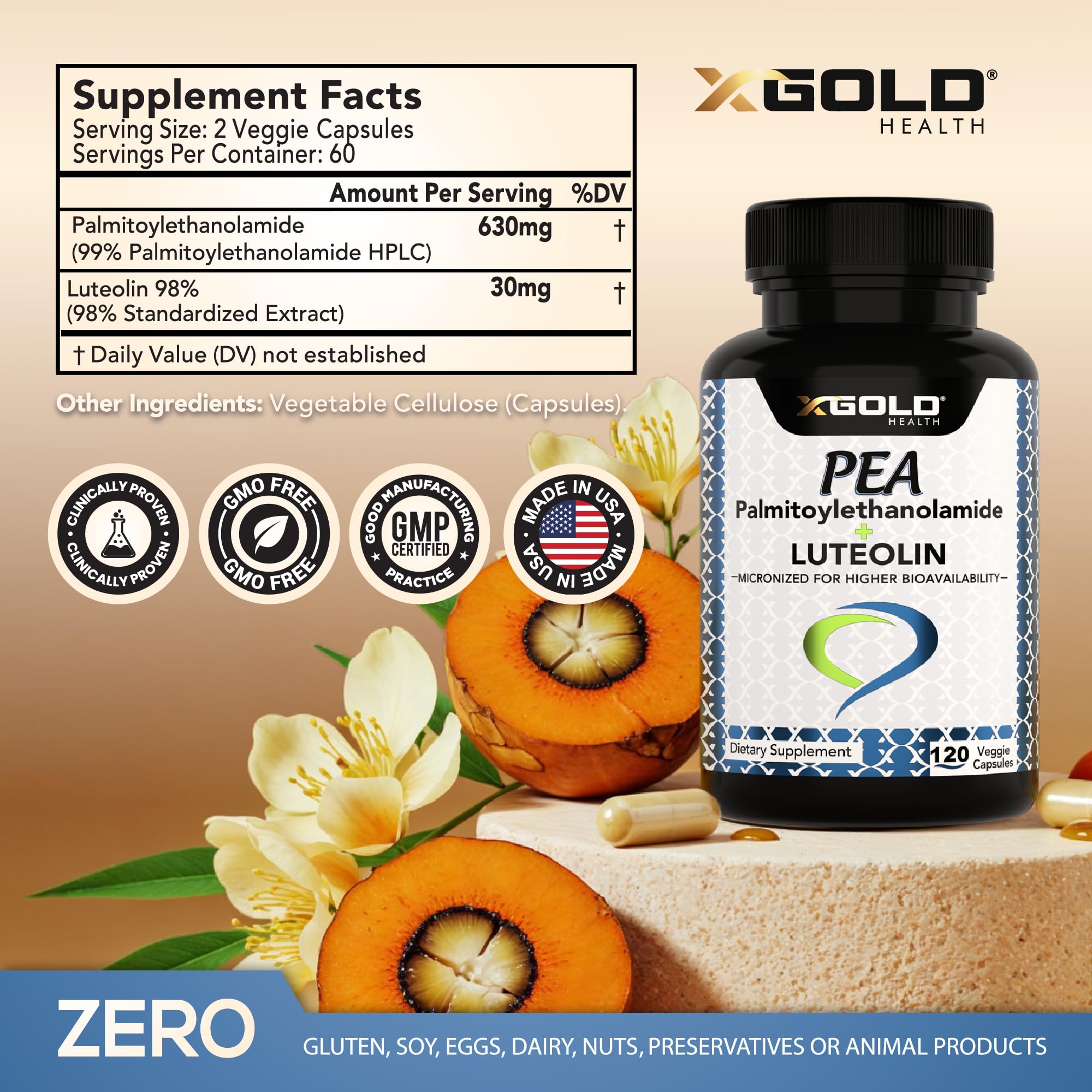 Palmitoylethanolamide 630 mg + Luteolin Standardized 98%- Micronized Pea 99% Highly Purified and Bioavailable - Made in USA - Supplement for Men and Women - 120 Veggie Capsules X Gold Health Au supplements
