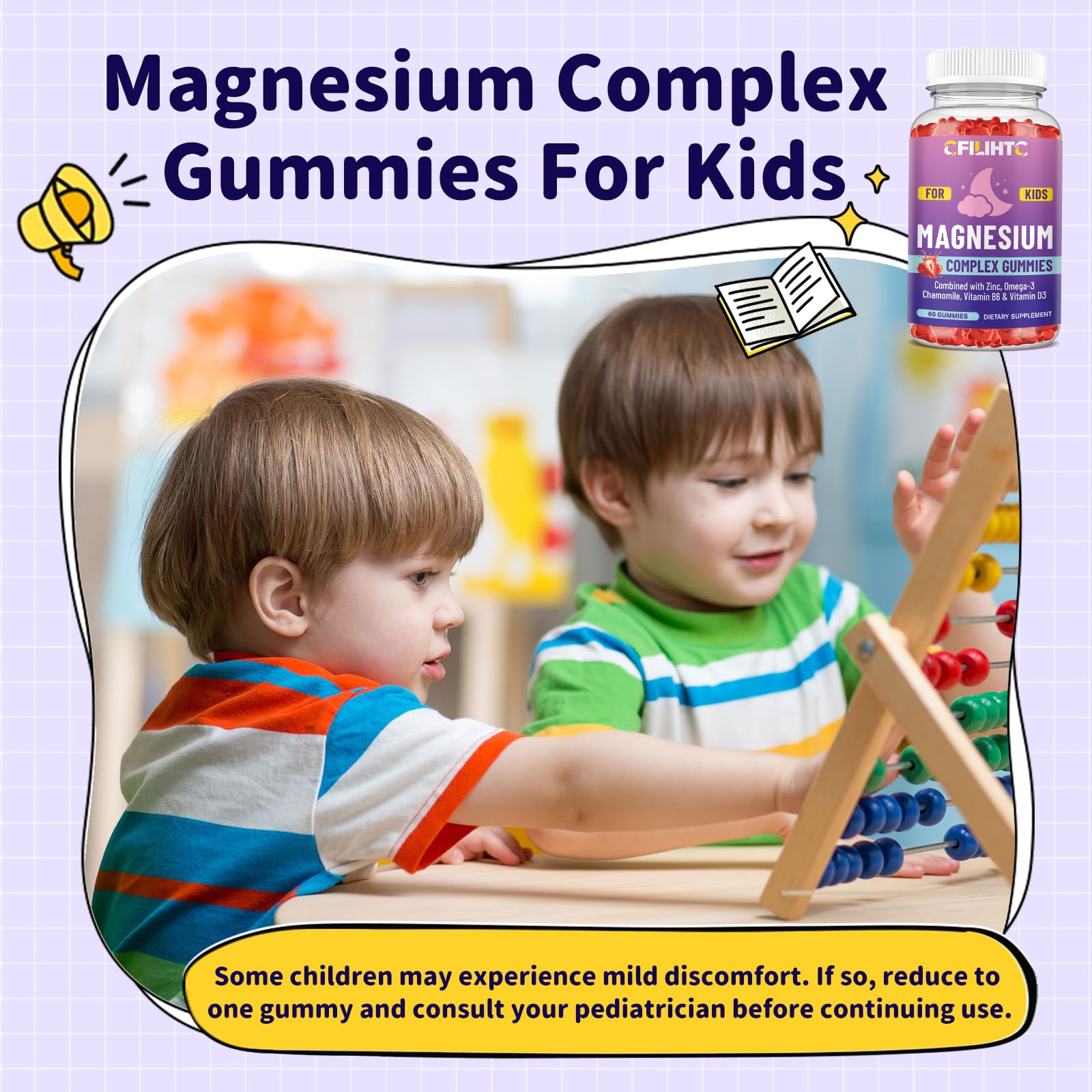 Kids Magnesium Gummies-Magnesium Glycinate Gummies for Kids Supplement-w/Zinc, Chamomile, Omega-3, Vitamin B6, D3 - for Sleep, Relaxation, Brain, Bones, Children's Calm, Sugar Free Strawberry 60ct CFILIHTC Au supplements