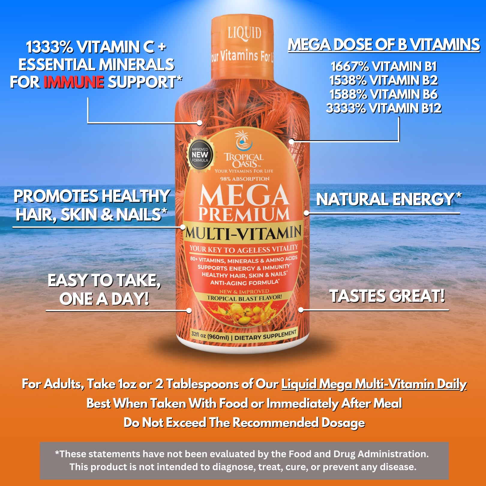 Mega Premium Liquid Multivitamin | Natural Immune Support Vitamin w/ 1333% Vitamin C, 200% D3, Zinc + 20 Vitamins, 70 Minerals, & 21 Amino Acids | Sugar Free | Orange Flavor | 98% Absorption | 32 Serv Tropical Oasis Au supplements