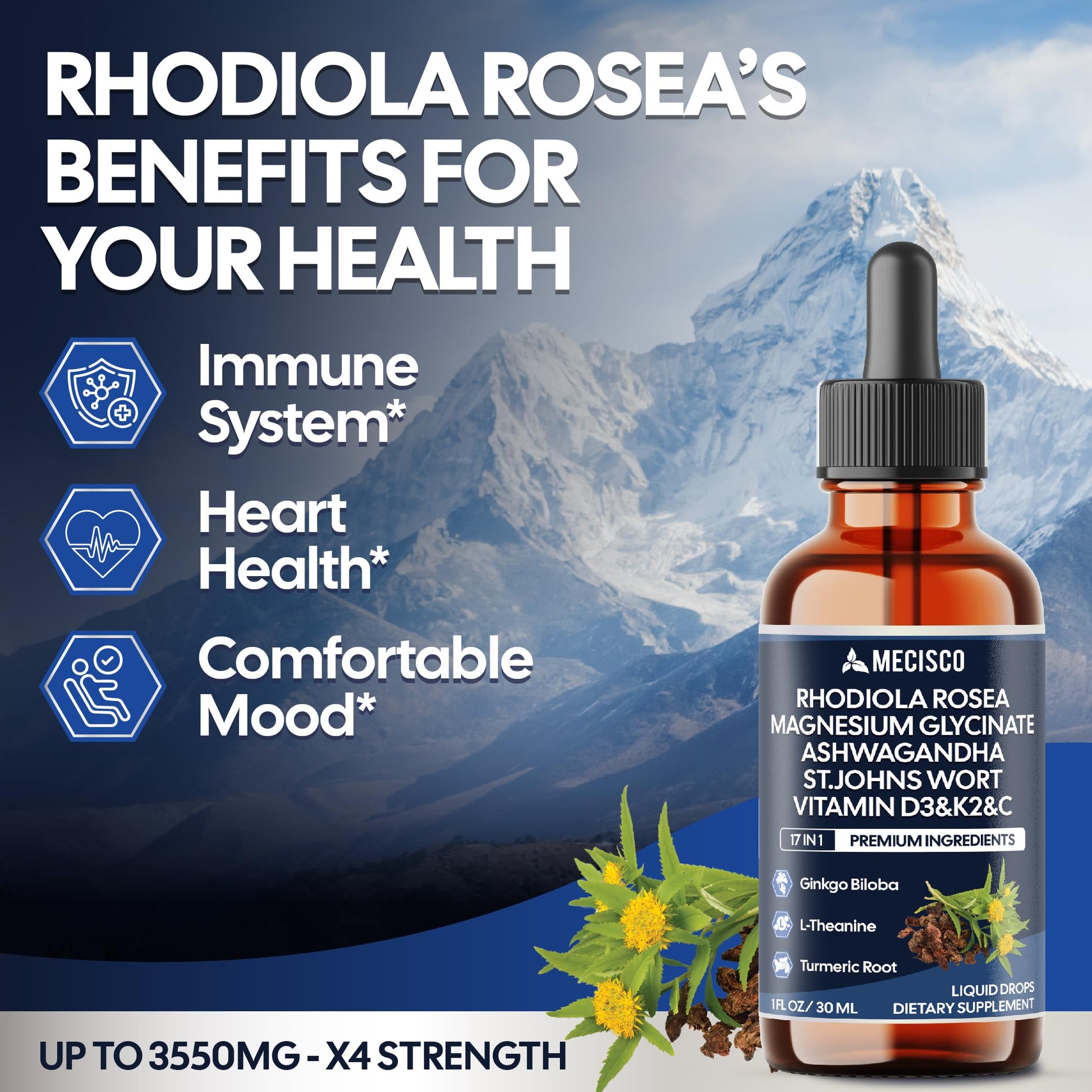 17in1 Rhodiola Rosea Liquid Drops with blend Ashwagandha Magnesium, L-Theanine. Ultra Strength Rhodiola Cortisol Supplement, Rhodiola Root for Support Relaxation, Mood, Energy - 1 FL Oz - 60 Day Mecisco Au supplements