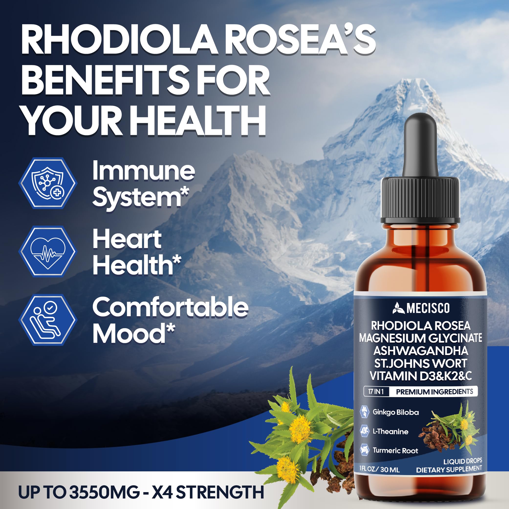 17in1 Rhodiola Rosea Liquid Drops with blend Ashwagandha Magnesium, L-Theanine. Ultra Strength Rhodiola Cortisol Supplement, Rhodiola Root for Support Relaxation, Mood, Energy - 1 FL Oz - 60 Day Mecisco Au supplements