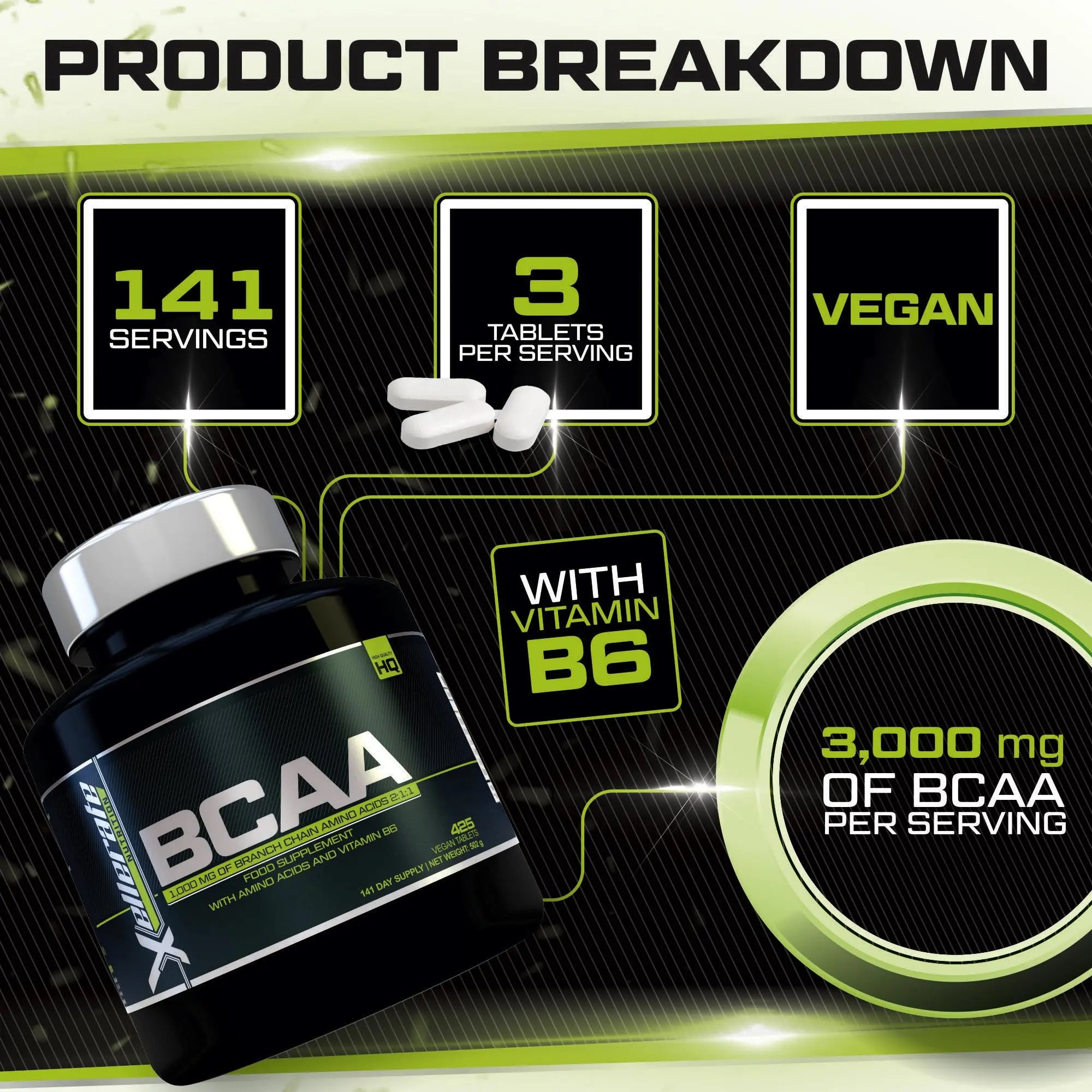 BCAA 1000mg - 425 Vegan Tablets - 3000mg Daily Serving - 141 Day Supply - 2:1:1 BCAAs Xellerate NUTRITION Au supplements