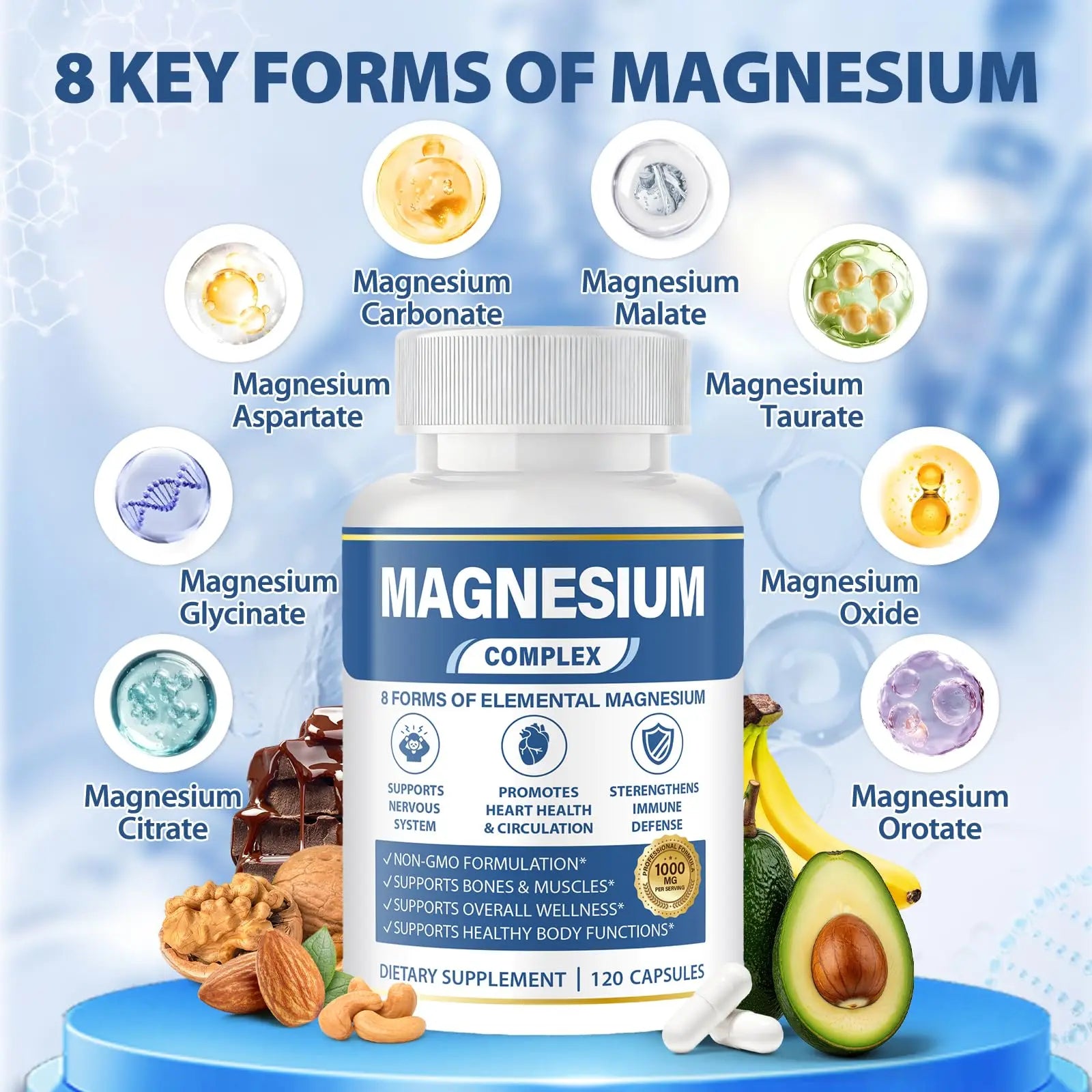 1000mg Magnesium Complex 8 in 1 for Women & Men – Magnesium Glycinate, Citrate, Malate, Taurate, Oxide, Carbonate, Aspartate, Orotate – Vegan Non-GMO, for Sleep, Fatigue & Heart Health, 120 Capsules BOSNETHUINH Au supplements