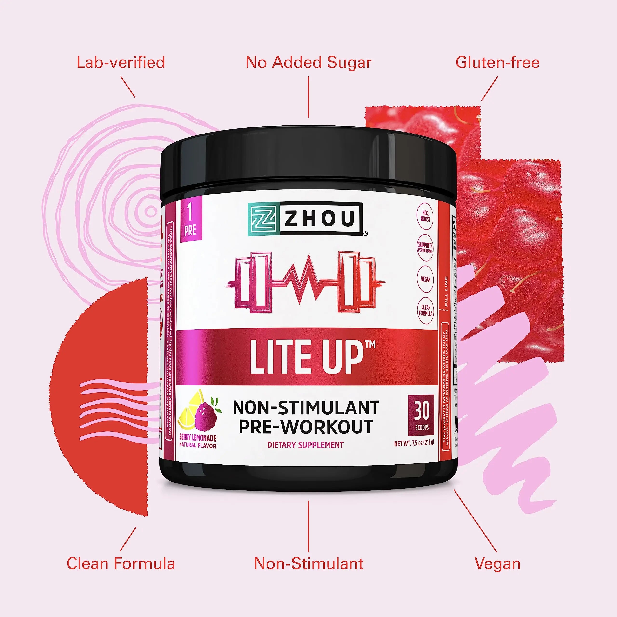 Zhou Nutrition Lite Up, Non-Stimulant Pre Workout Powder, Caffeine Free Nitric Oxide Zhou Nutrition Au supplements