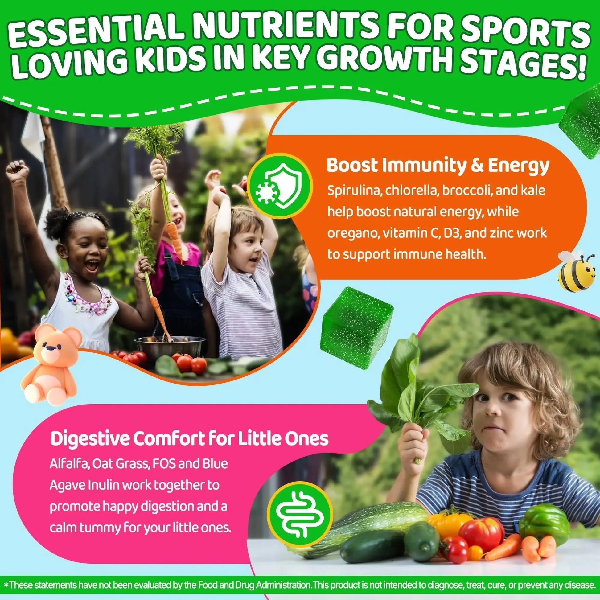 Kids Super Greens Gummies, w/Multivitamins, Spirulina, Chlorella, Spinach, Broccoli, Calcium, Omega-3 (DHA/EPA) EnvyCure Au supplements