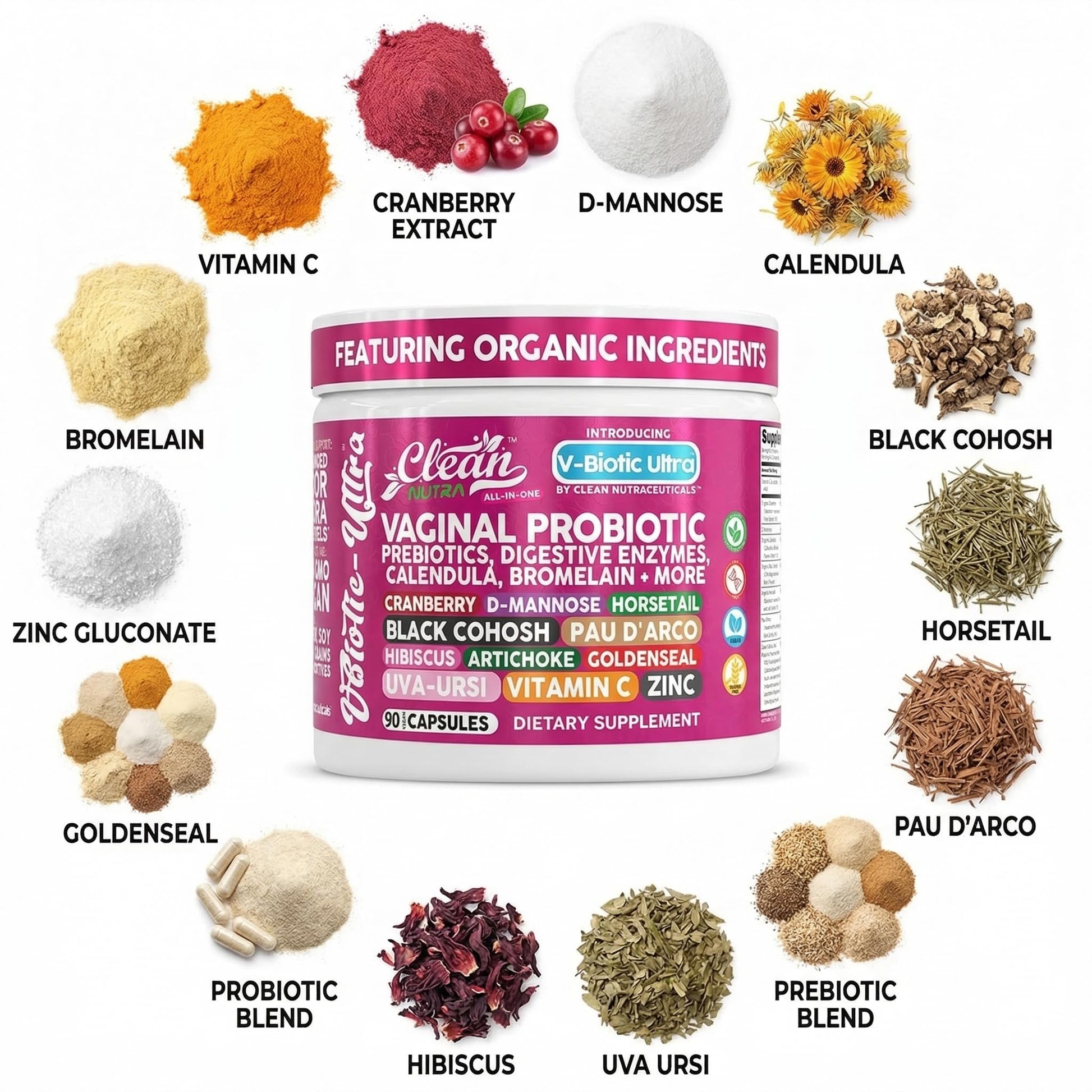 Clean Nutra Vaginal Probiotics for Women + Prebiotics Digestive Enzymes Bromelain Cranberry D Mannose Horsetail Black Cohosh Artichoke Hibiscus Flowers Probiotic for Digestive Health 90 Vegan Capsules Clean Nutraceuticals Au supplements
