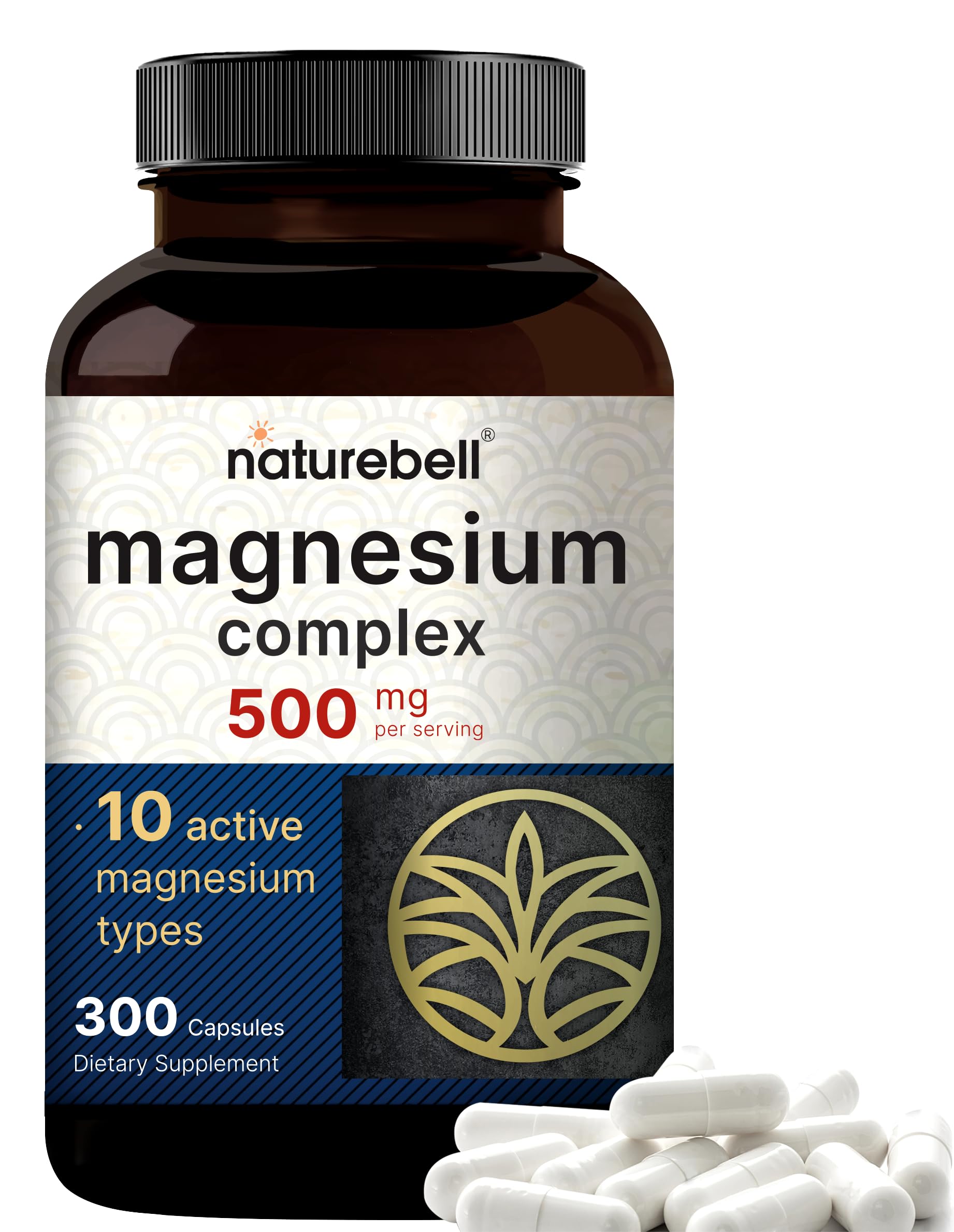 Magnesium Complex 500mg, 300 Capsules | 10-in-1 Magnesium Glycinate, Citrate, Malate & More | Chelated Form for Easy Absorption | Non-GMO NatureBell Au supplements