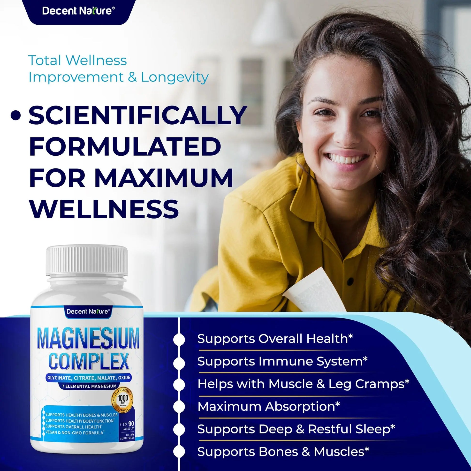 Magnesium Complex 7 Elemental Magnesium Supplement 1000mg – Magnesium Glycinate, Citrate, Malate, Taurate, Oxide, Aspartate, Orotate Non-GMO 90 Capsules DECENT NATURE Au supplements