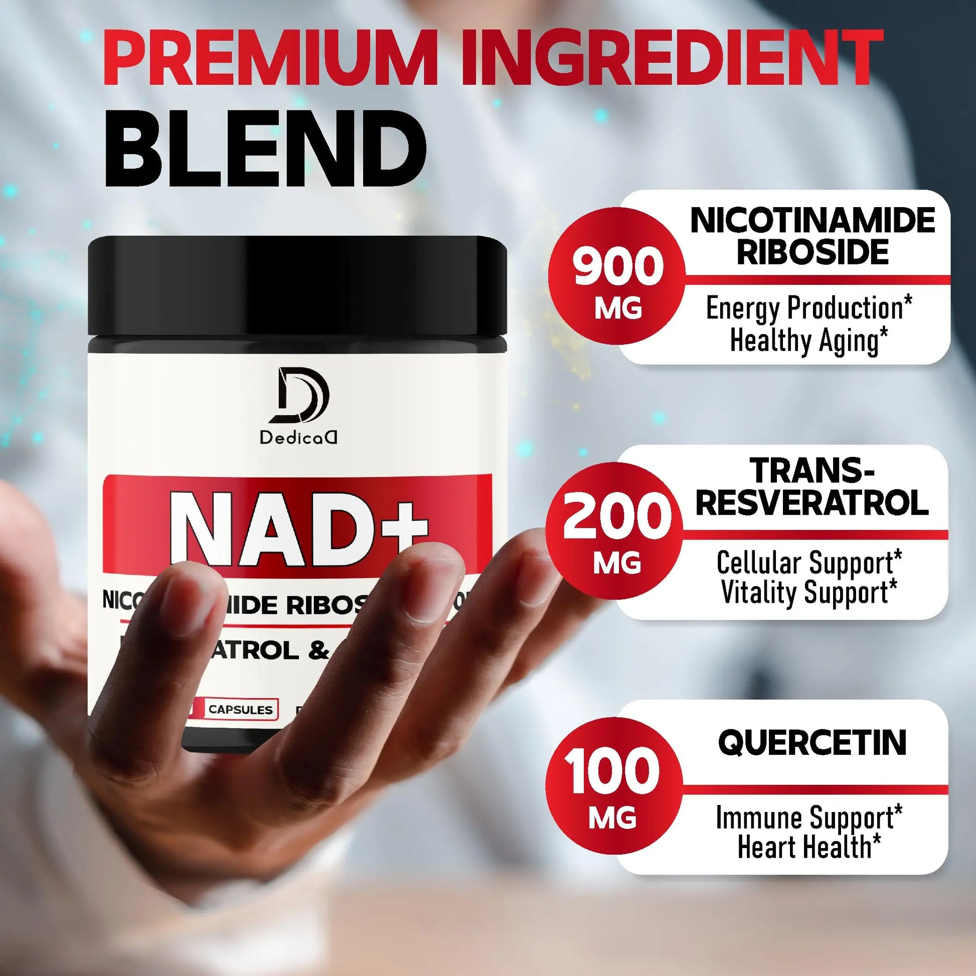 DEDICAD NAD Supplement with Nicotinamide Riboside, Trans-Resveratrol, Quercetin - Cellular Energy & Repair, Vitality, Healthy Aging - 60 Count DEDICAD Au supplements