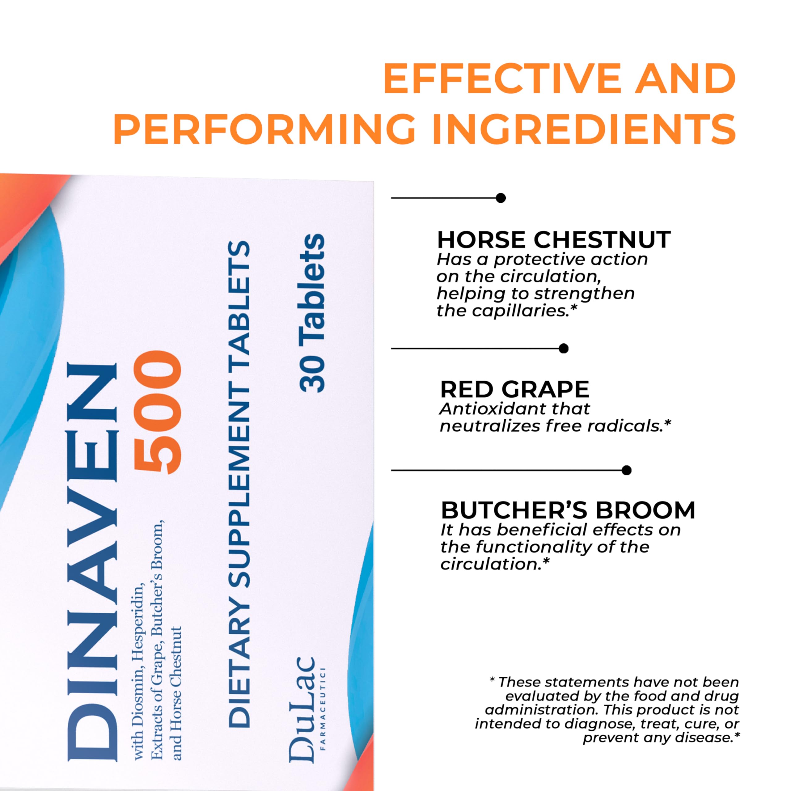 Dulac Dinaven 500, Micronized Diosmin Hesperidin Dietary Supplement 1000mg per serving, Horse Chestnut Extract, Butcher’s Broom & Red Grape Extract, Leg Circulation Support, 30 Tablets, Made in Italy DULÀC FARMACEUTICI 1982 Au supplements