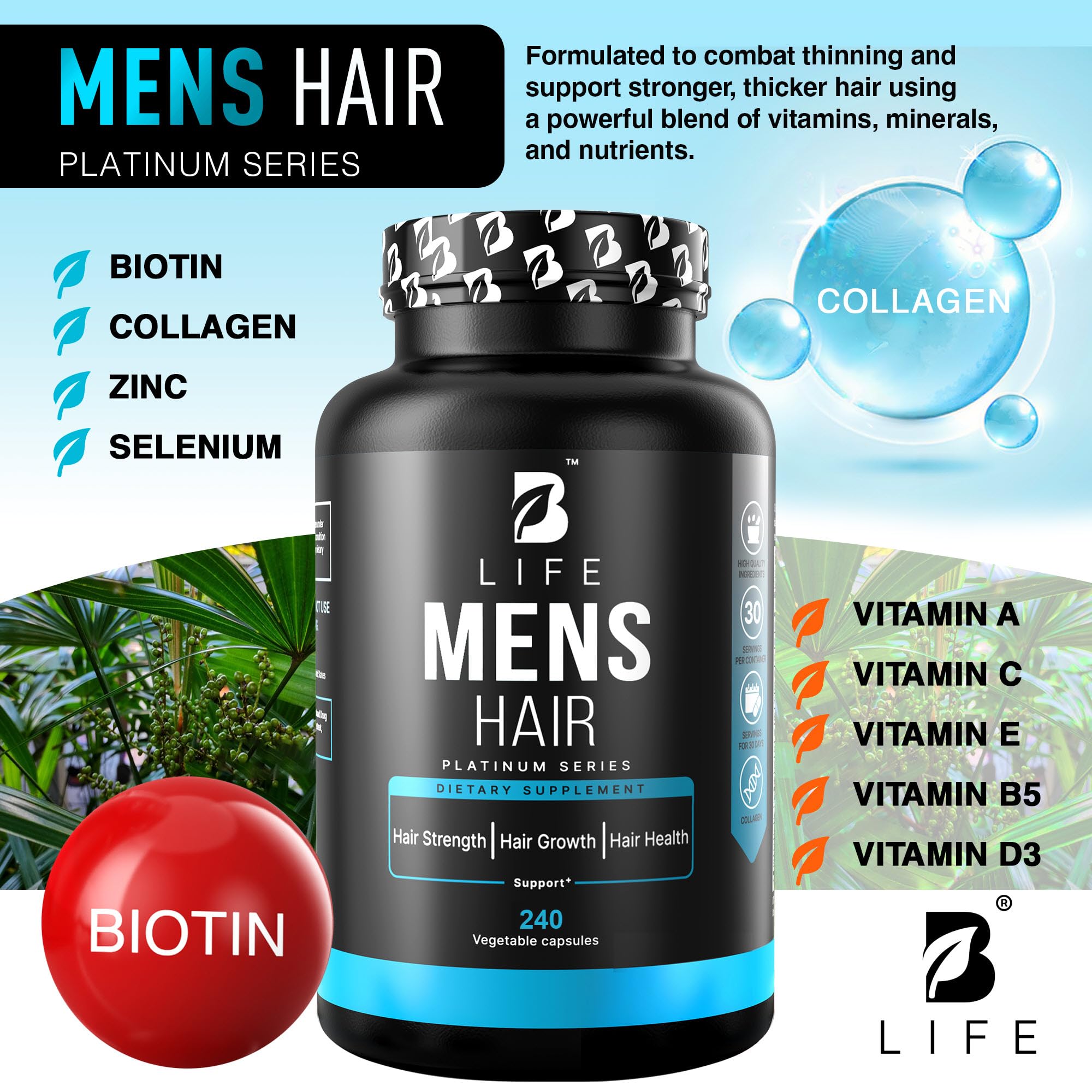 Men’s Hair Growth Supplement – Biotin & Collagen Hair Vitamins for Men – Thicker, Fuller Hair, Nail & Scalp Support – Hair Loss Supplement with Zinc, Selenium & Vitamins A C D E – 240 Capsules B Life Company Au supplements